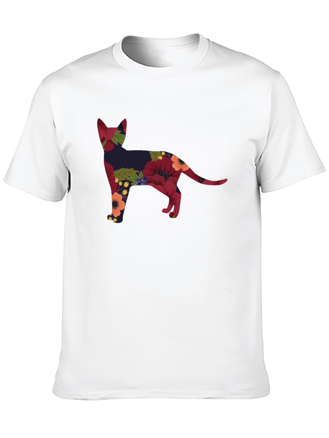 Floral Cat Silhouette Tee - Black Crew Neck