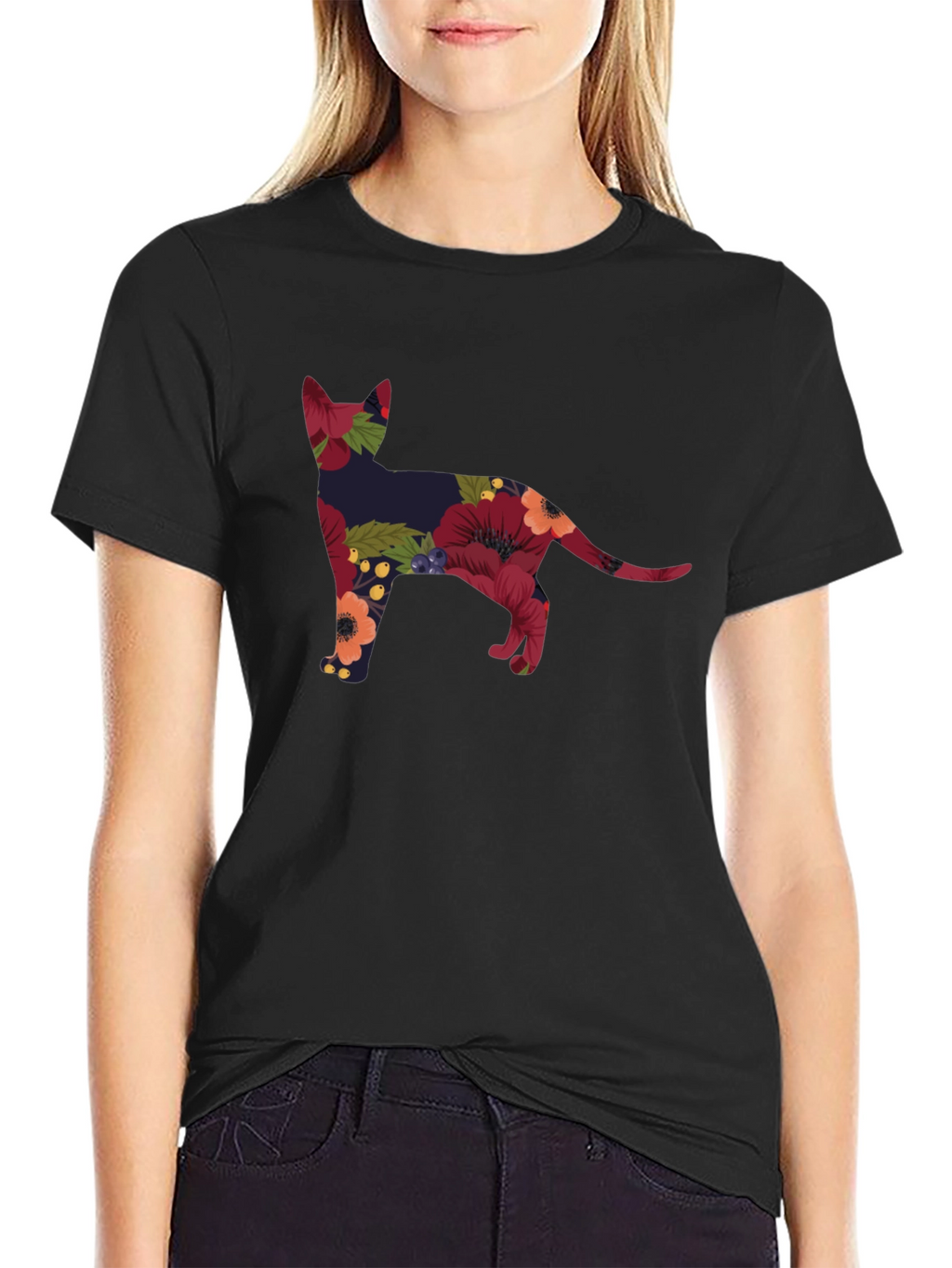 Floral Cat Silhouette Tee - Black Crew Neck