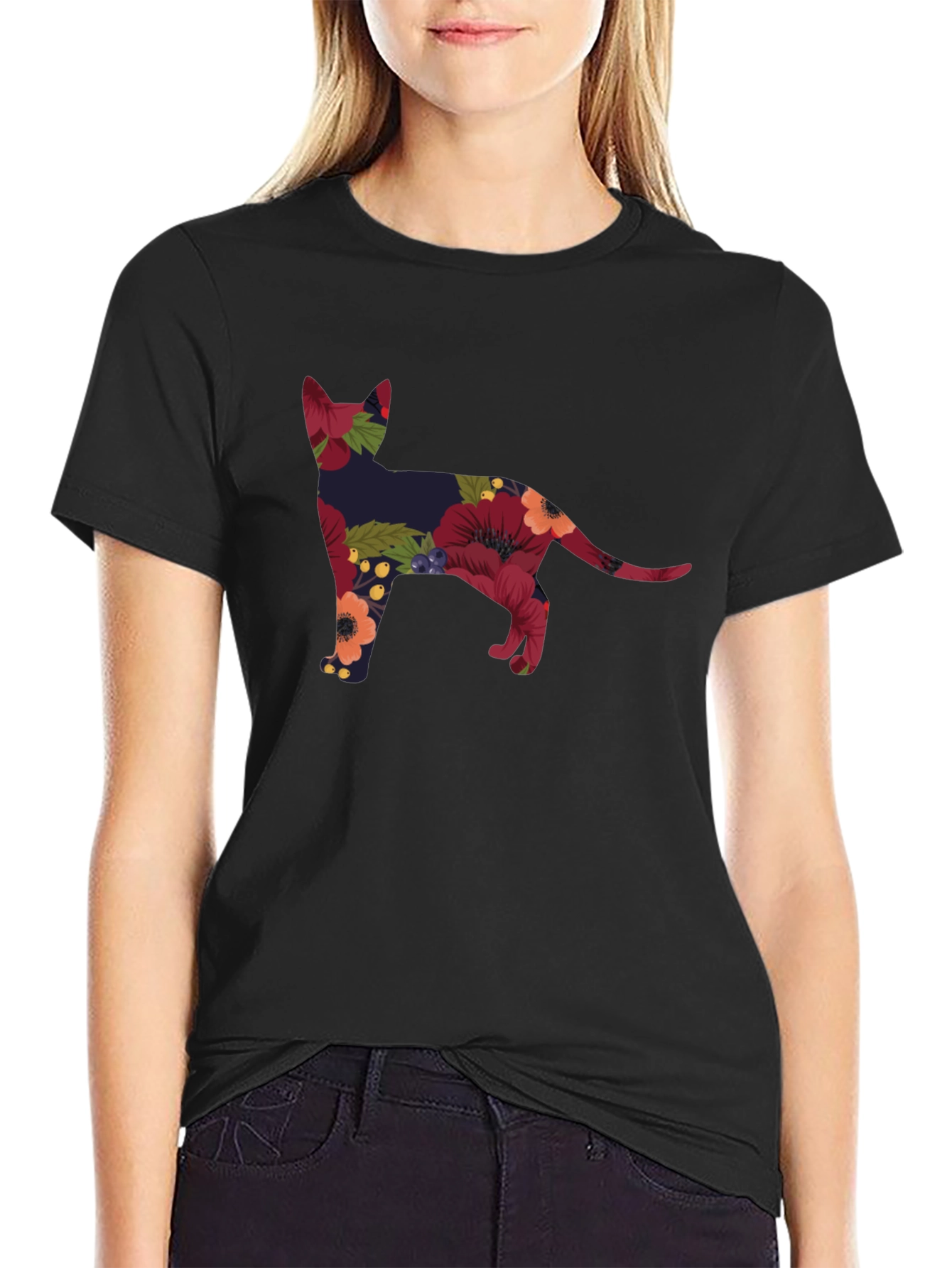 Floral Cat Silhouette Tee - Black Crew Neck