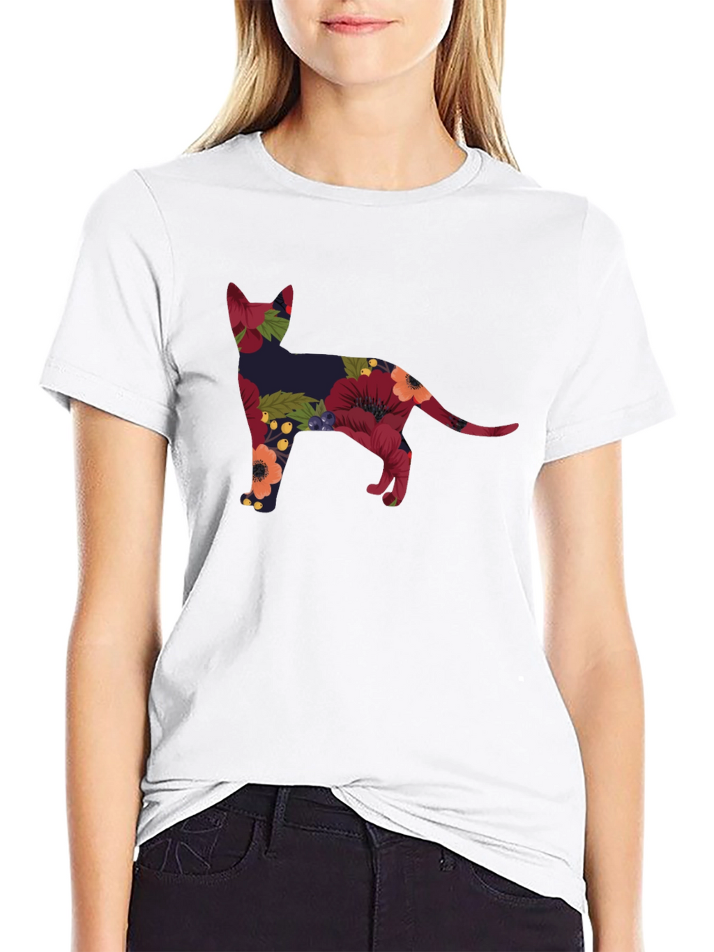 Floral Cat Silhouette Tee - Black Crew Neck