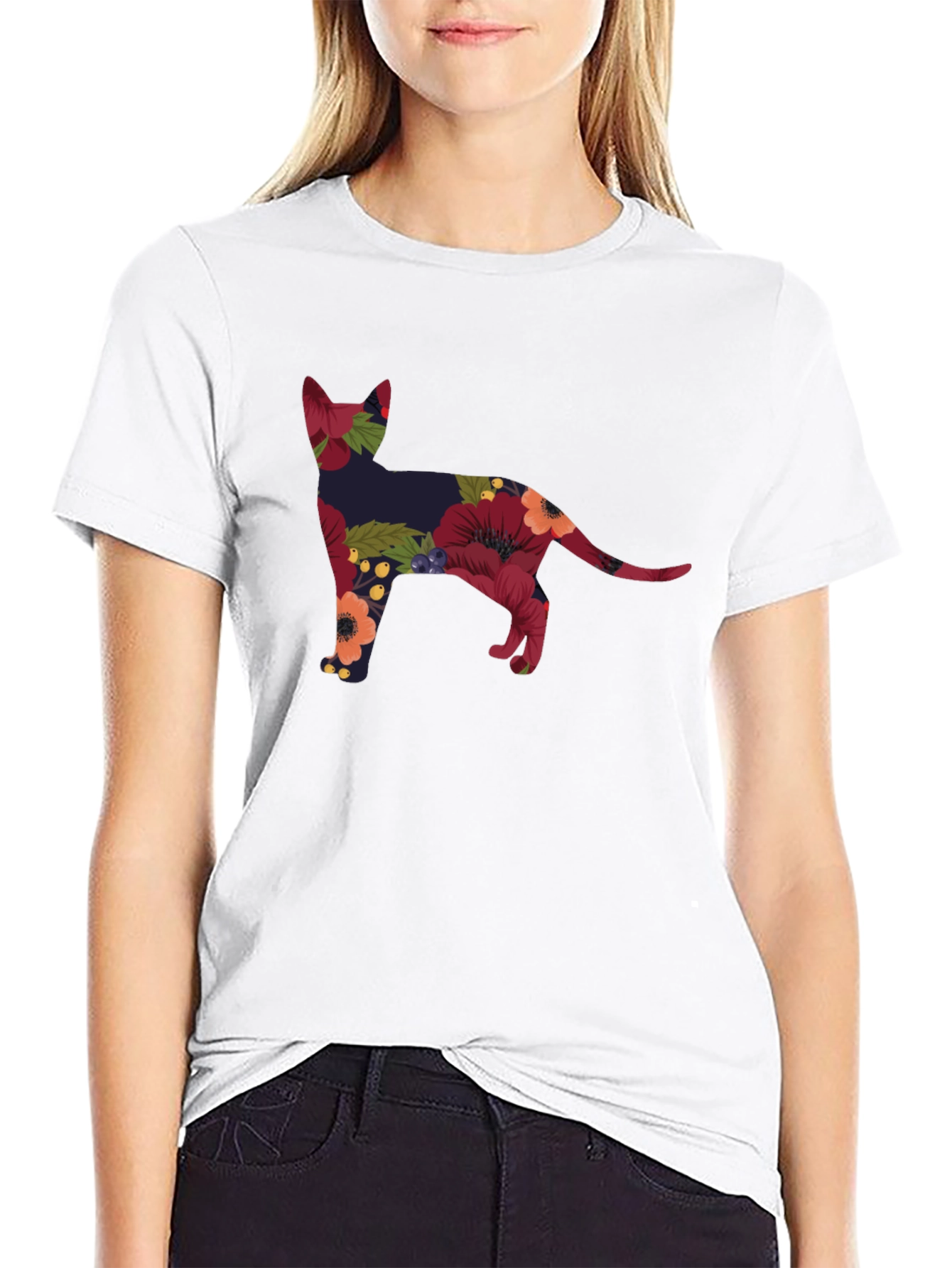 Floral Cat Silhouette Tee - Black Crew Neck