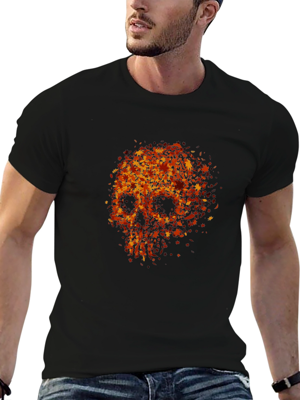 Skull Made of Leaves Graphic Tee - Black