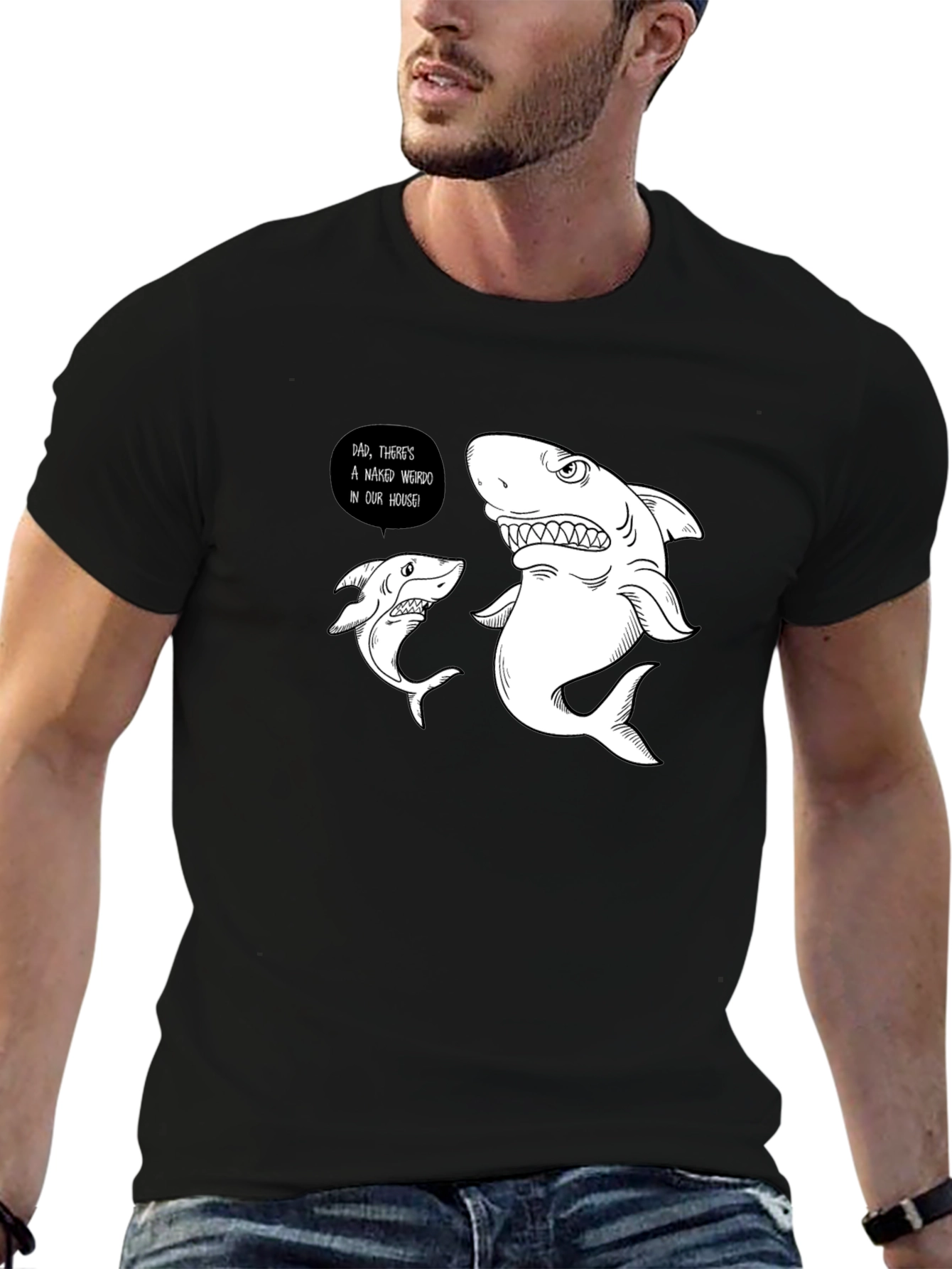 Funny Shark Graphic Print Black T-Shirt