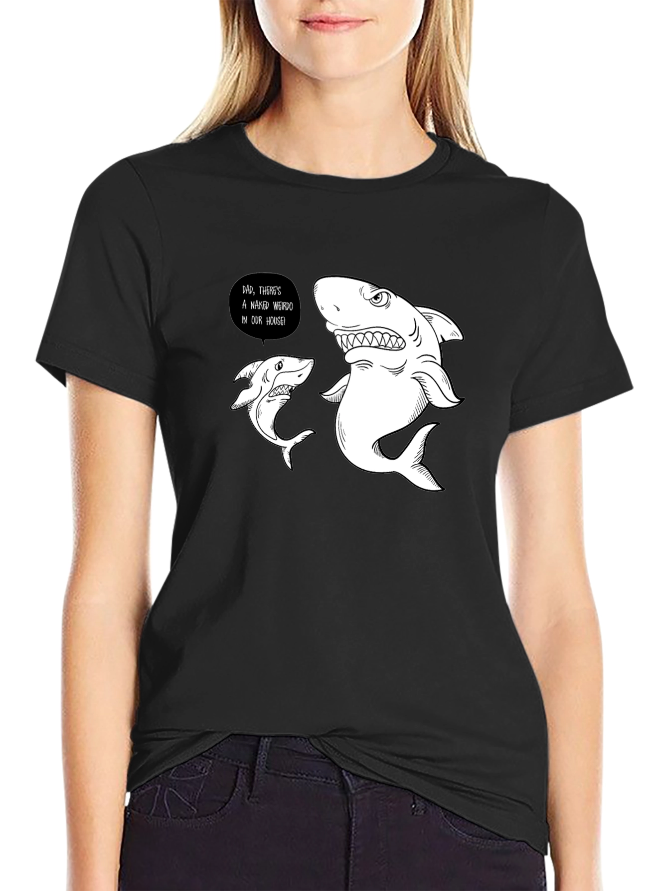 Funny Shark Graphic Print Black T-Shirt