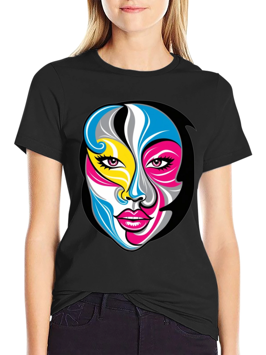 Abstract Face Graphic Tee - Unisex Black T-Shirt