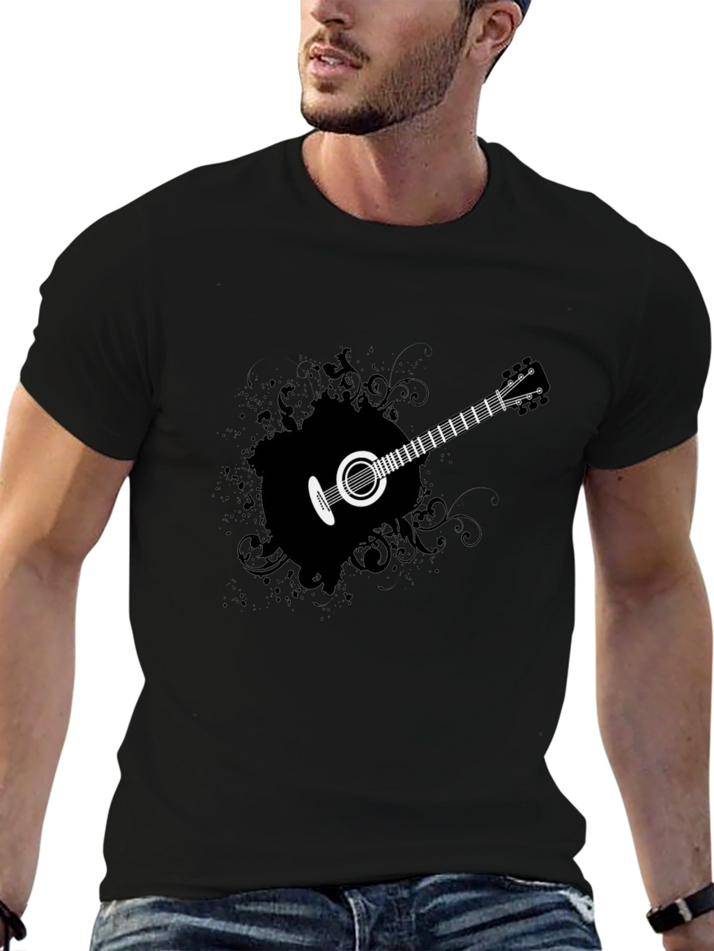 Guitar Graphic Tee - Mens Black Cotton T-Shirt