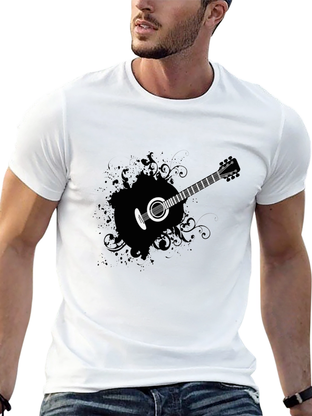 Guitar Graphic Tee - Mens Black Cotton T-Shirt