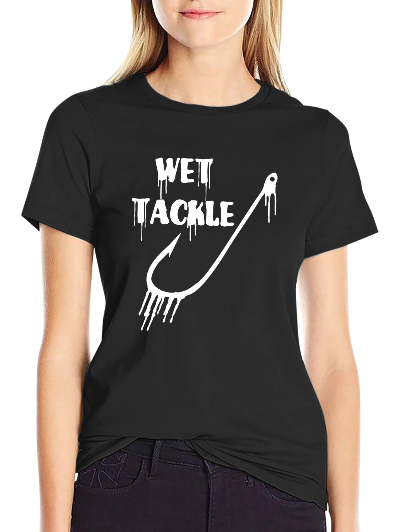Wet Tackle Black Graphic Tee Fishing Hook Humor Novelty