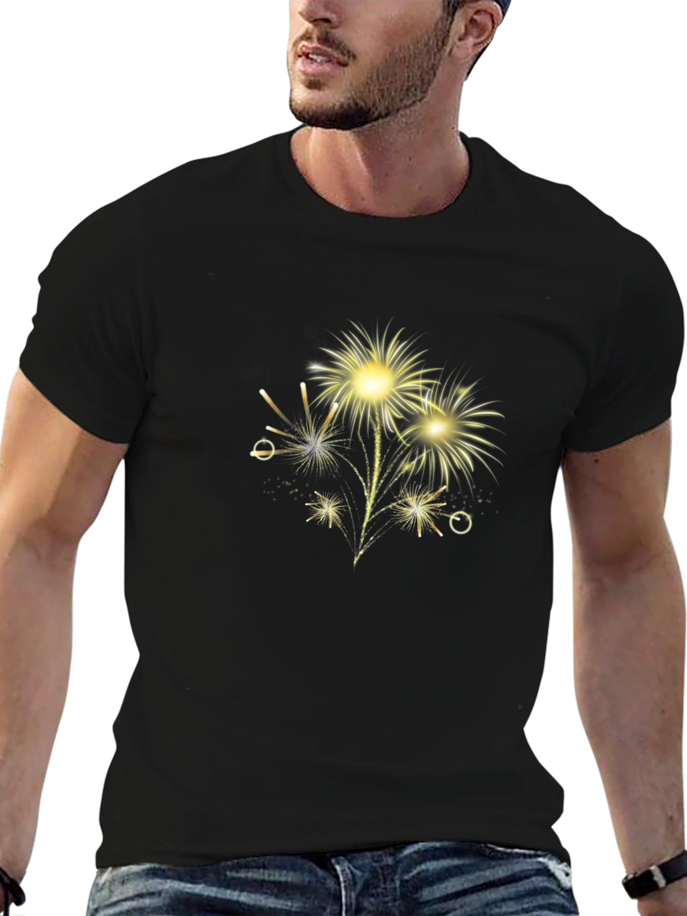 Festive Fireworks Graphic Tee - Black Cotton Blend