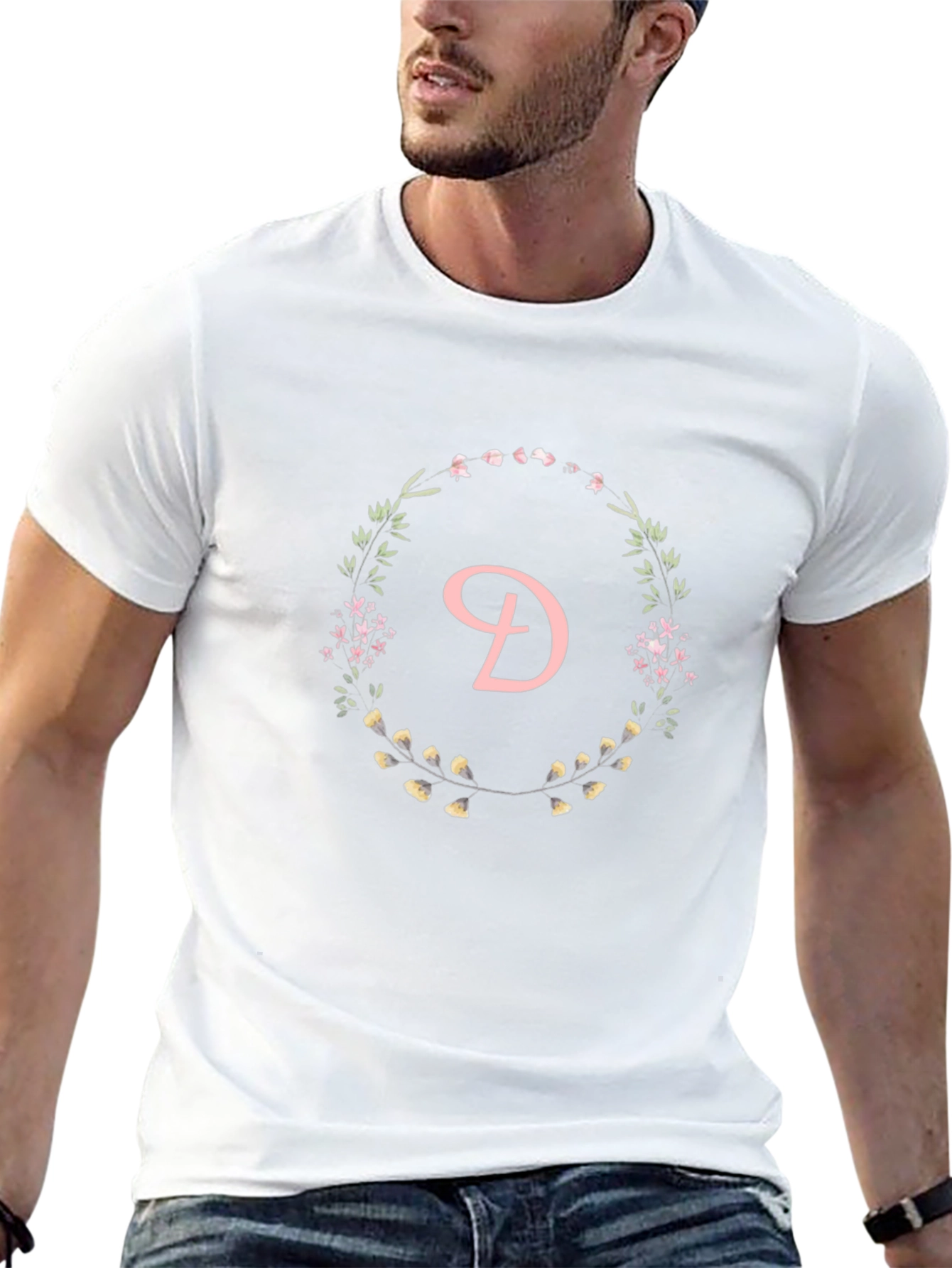 Floral Letter D Black T-Shirt