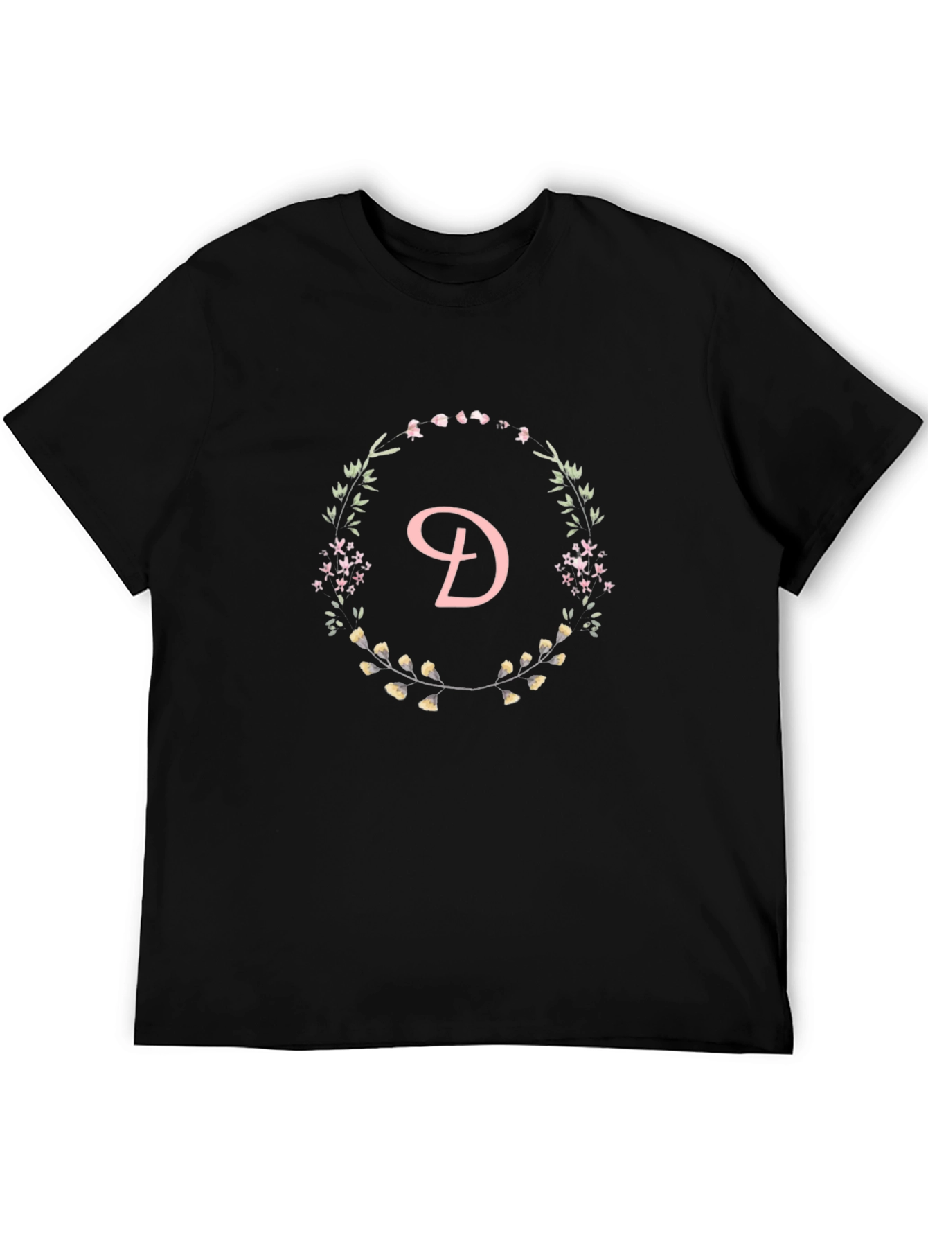 Floral Letter D Black T-Shirt