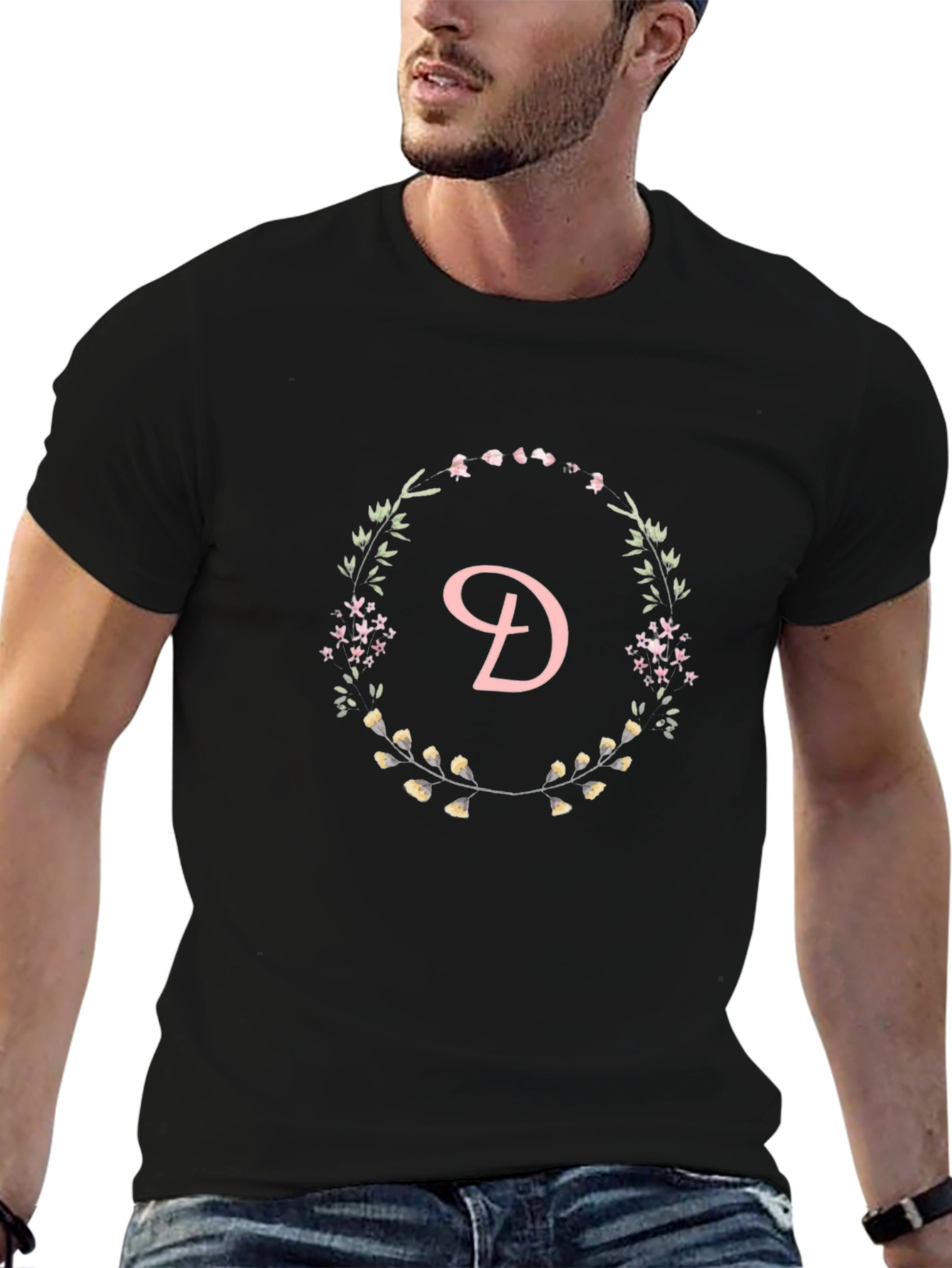 Floral Letter D Black T-Shirt