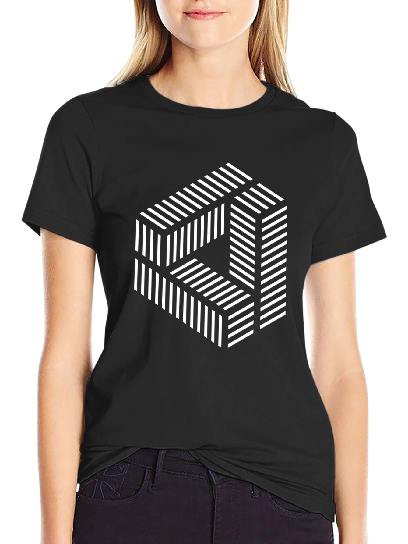 Optical Illusion Striped Cube Graphic Tee - Black