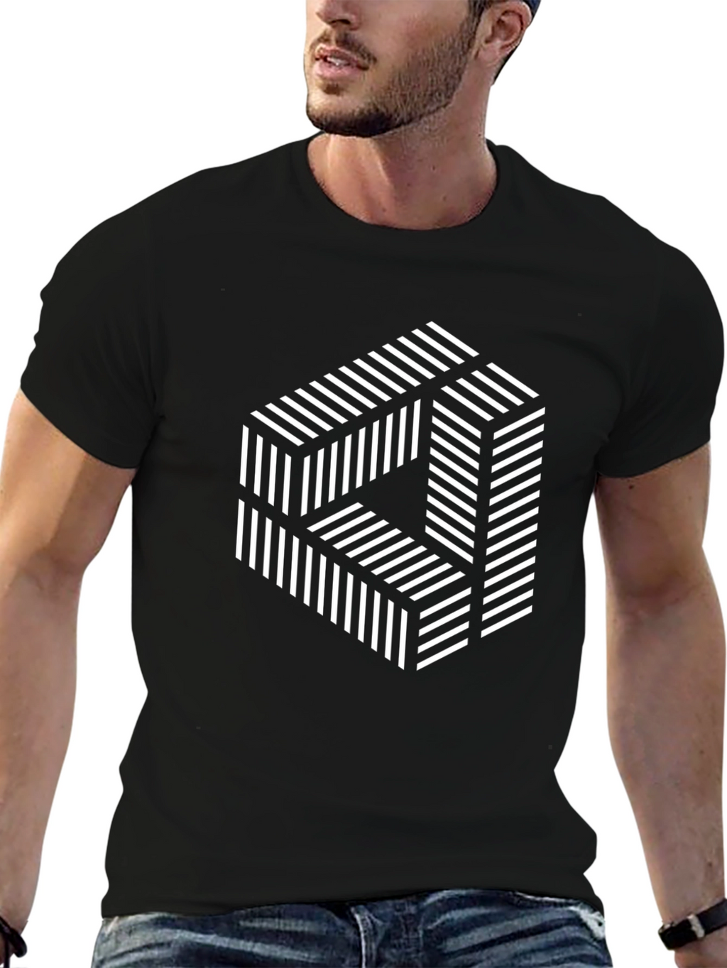 Optical Illusion Striped Cube Graphic Tee - Black