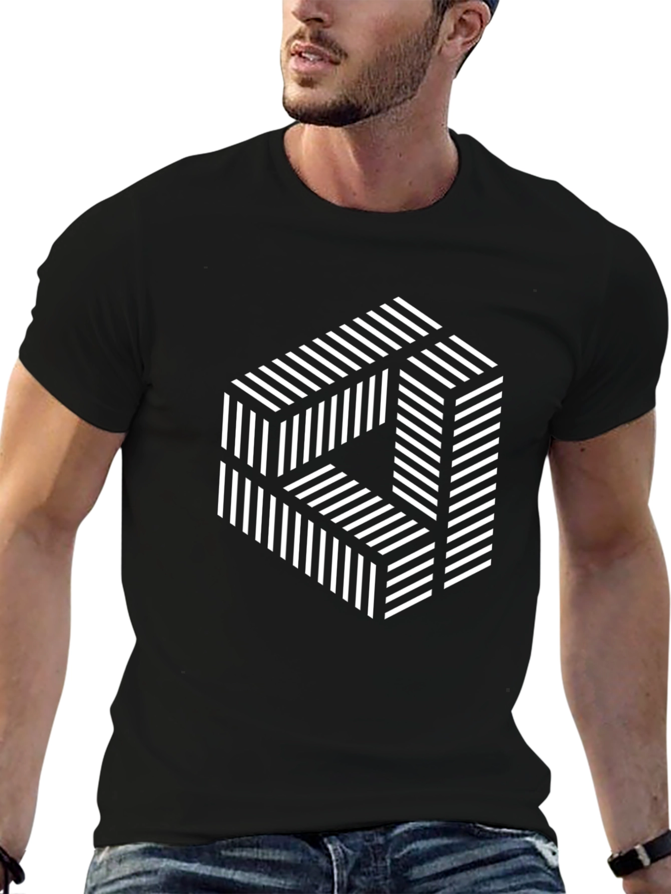 Optical Illusion Striped Cube Graphic Tee - Black