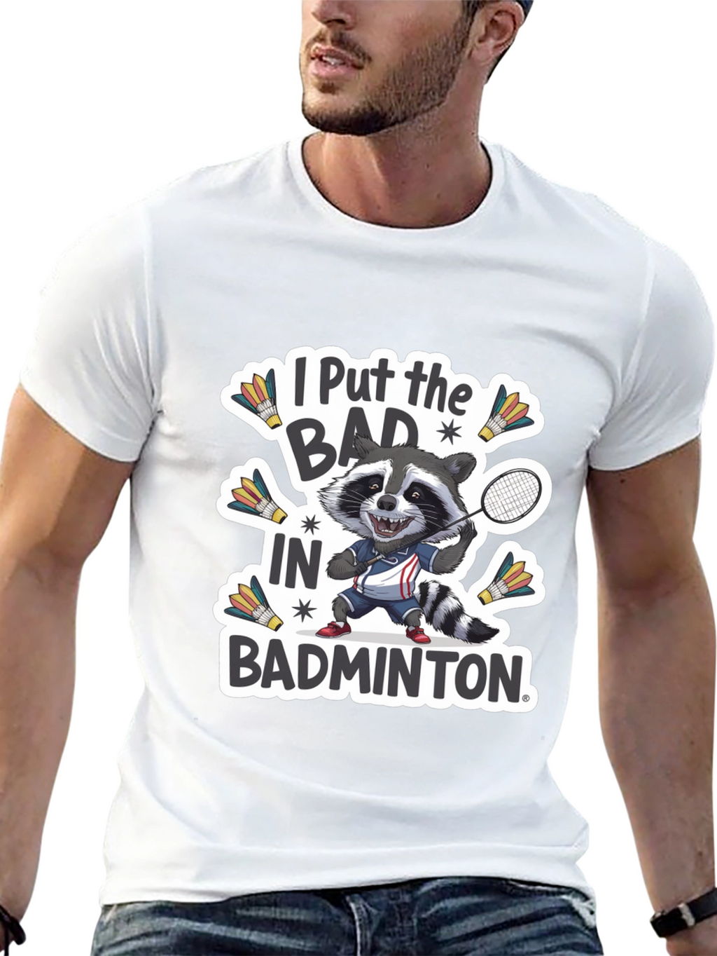 Badminton Raccoon Graphic Tee - Funny Sports T-Shirt