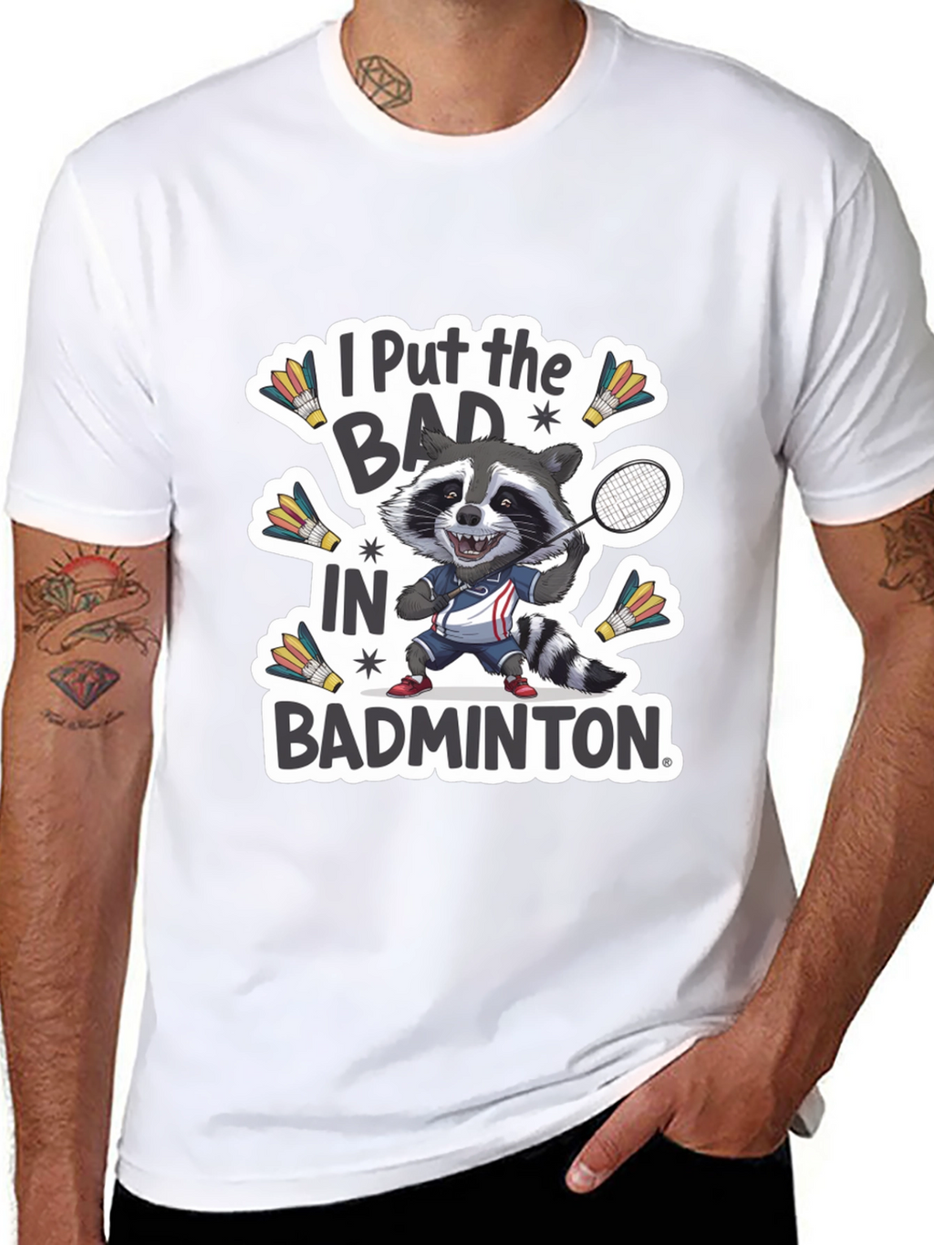 Badminton Raccoon Graphic Tee - Funny Sports T-Shirt