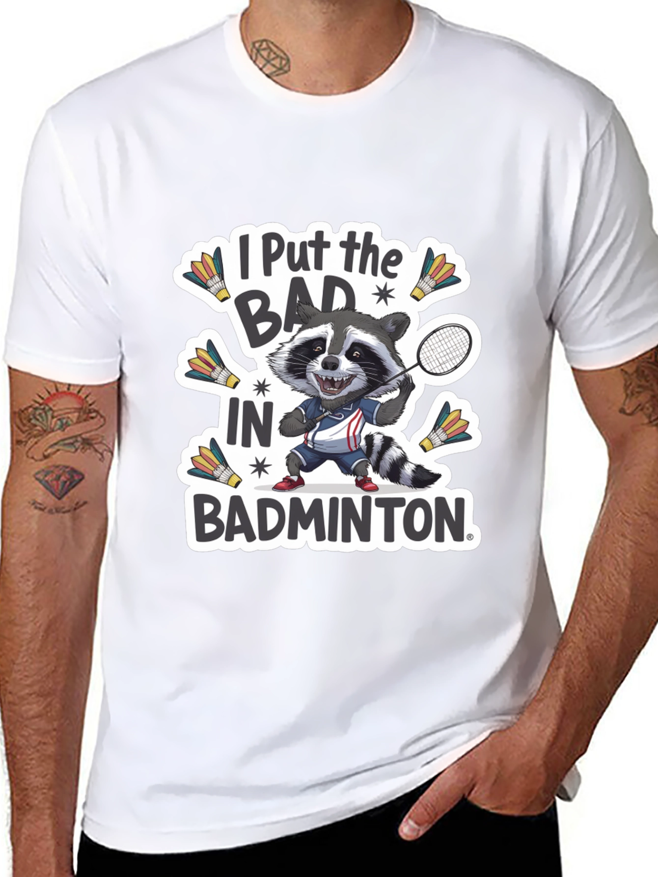 Badminton Raccoon Graphic Tee - Funny Sports T-Shirt