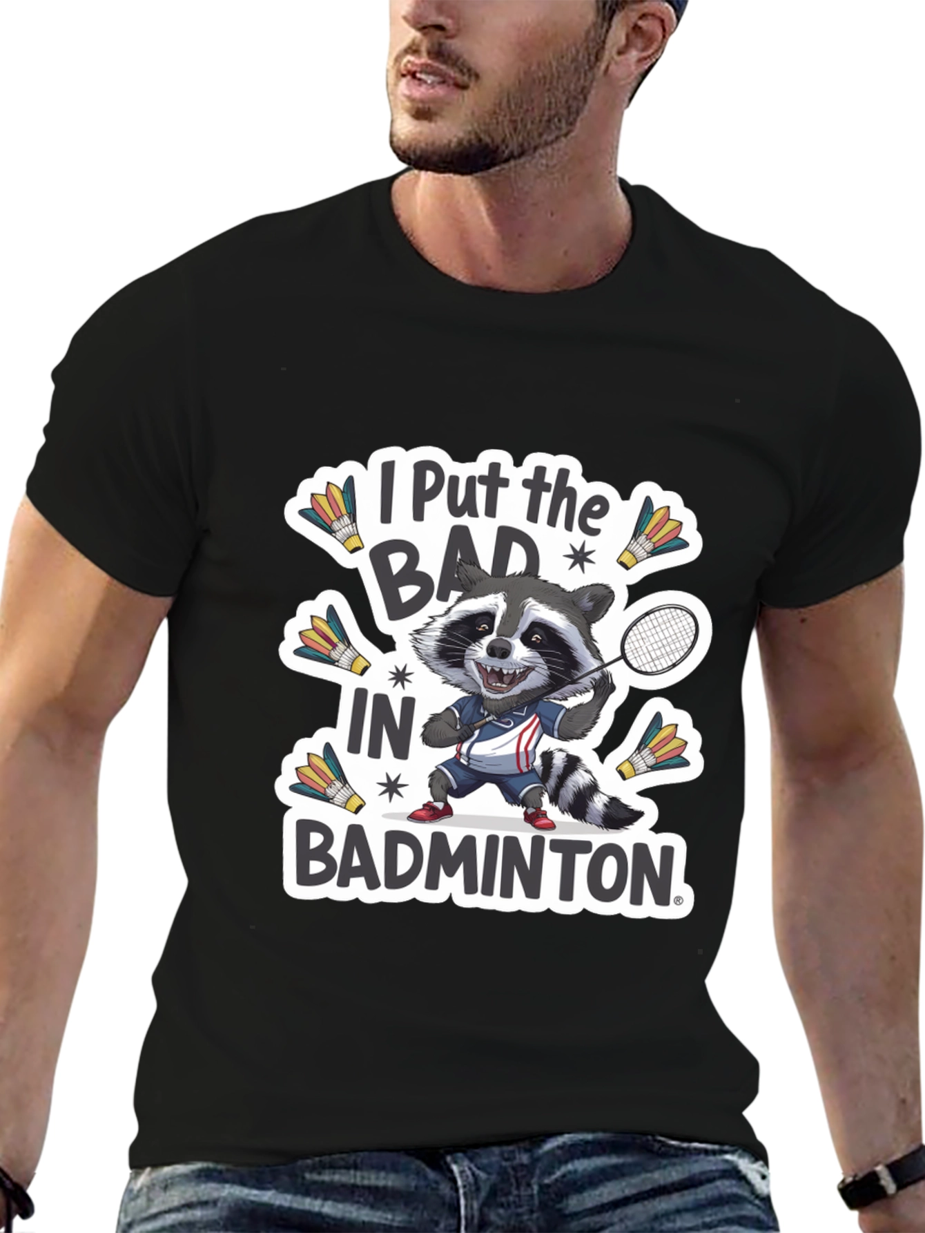 Badminton Raccoon Graphic Tee - Funny Sports T-Shirt
