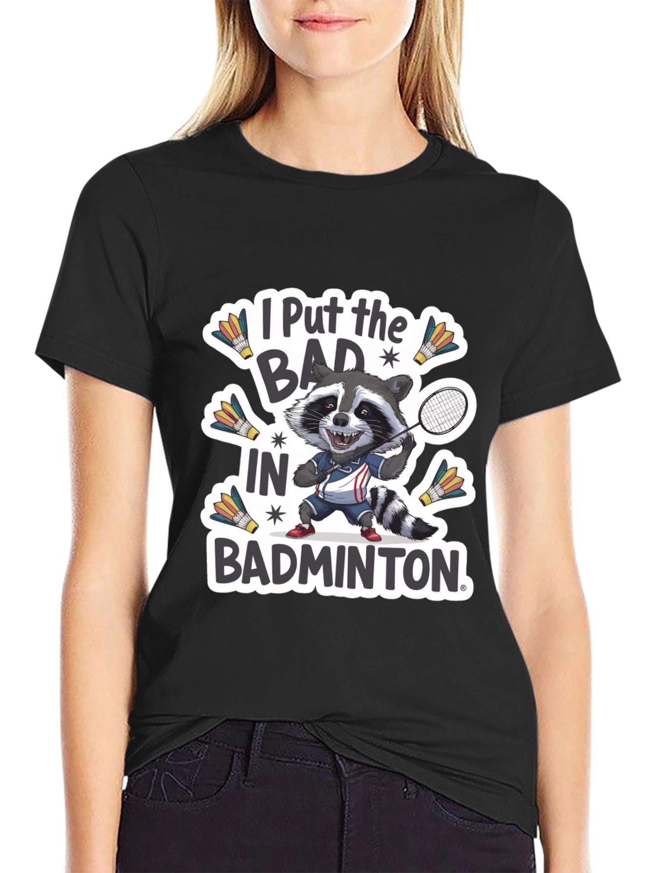 Badminton Raccoon Graphic Tee - Funny Sports T-Shirt