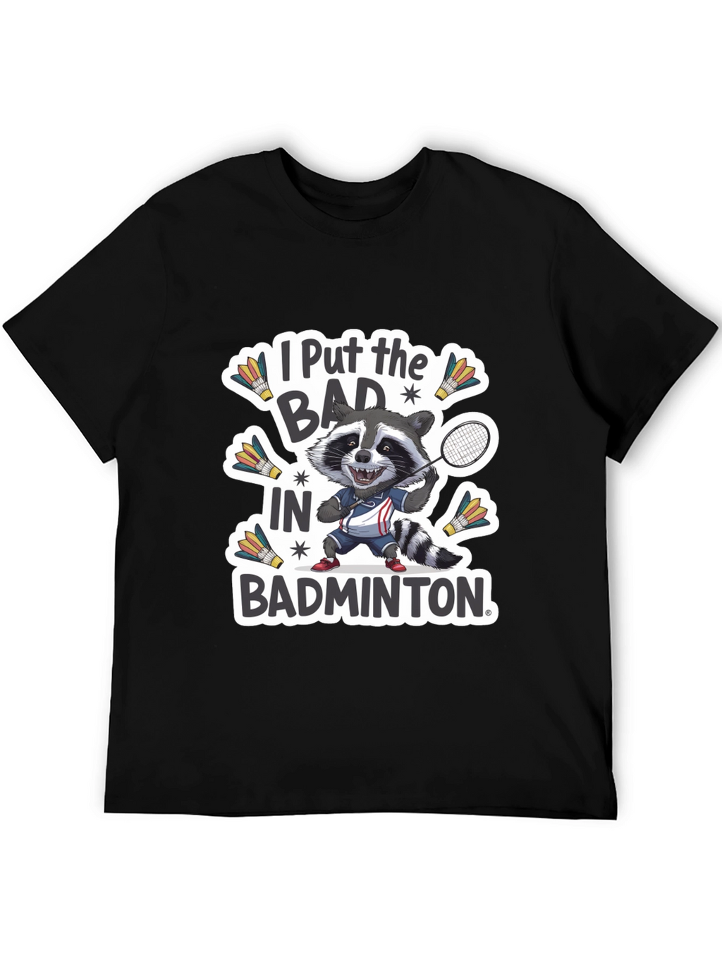 Badminton Raccoon Graphic Tee - Funny Sports T-Shirt