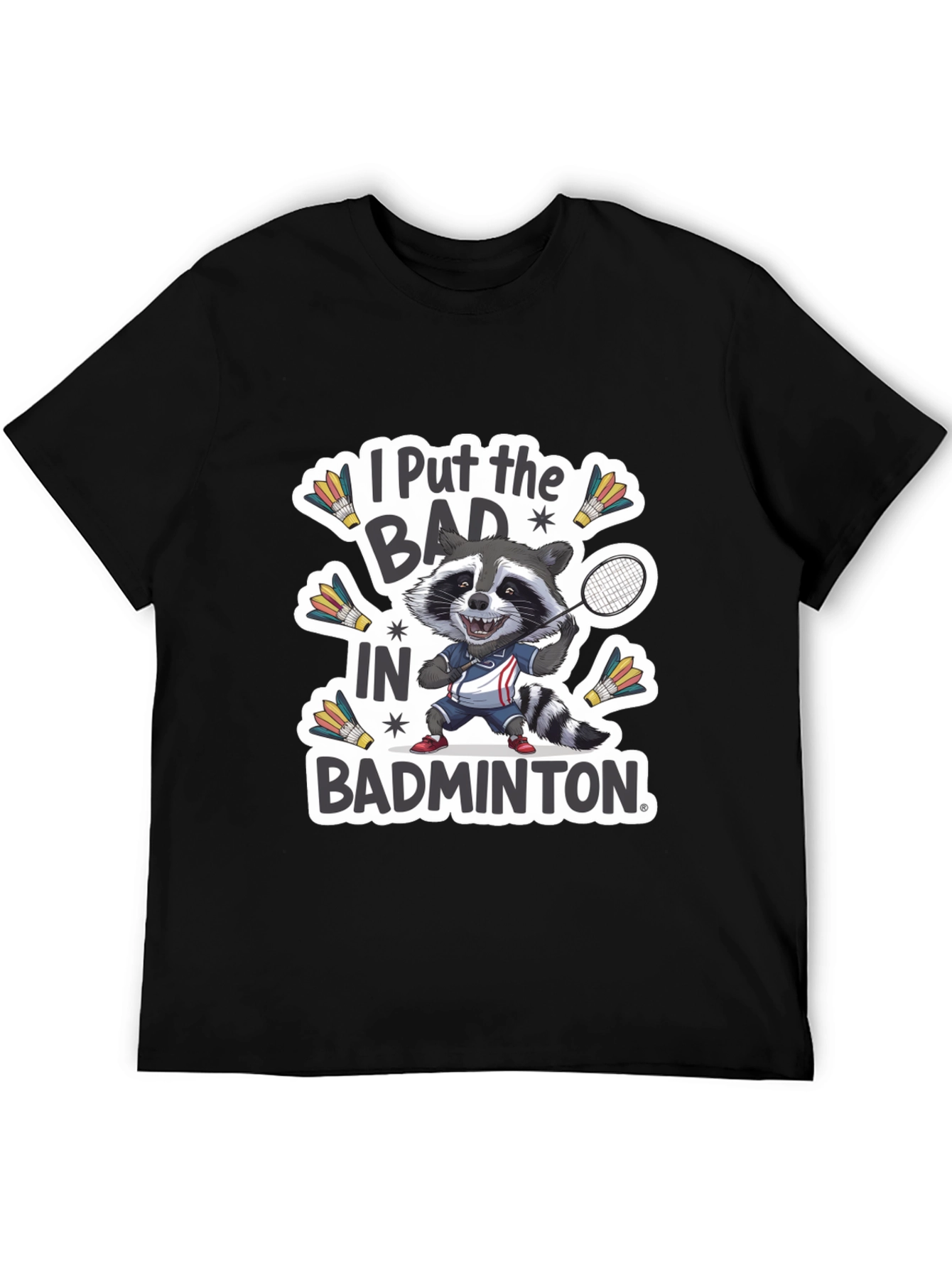 Badminton Raccoon Graphic Tee - Funny Sports T-Shirt