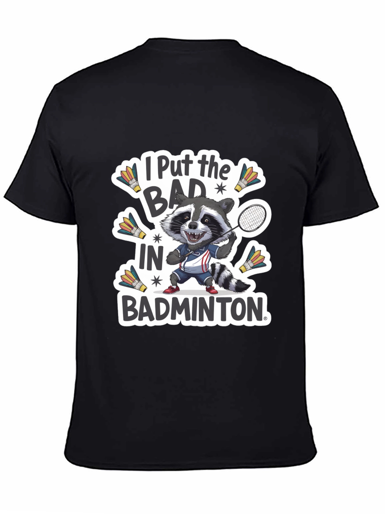 Badminton Raccoon Graphic Tee - Funny Sports T-Shirt