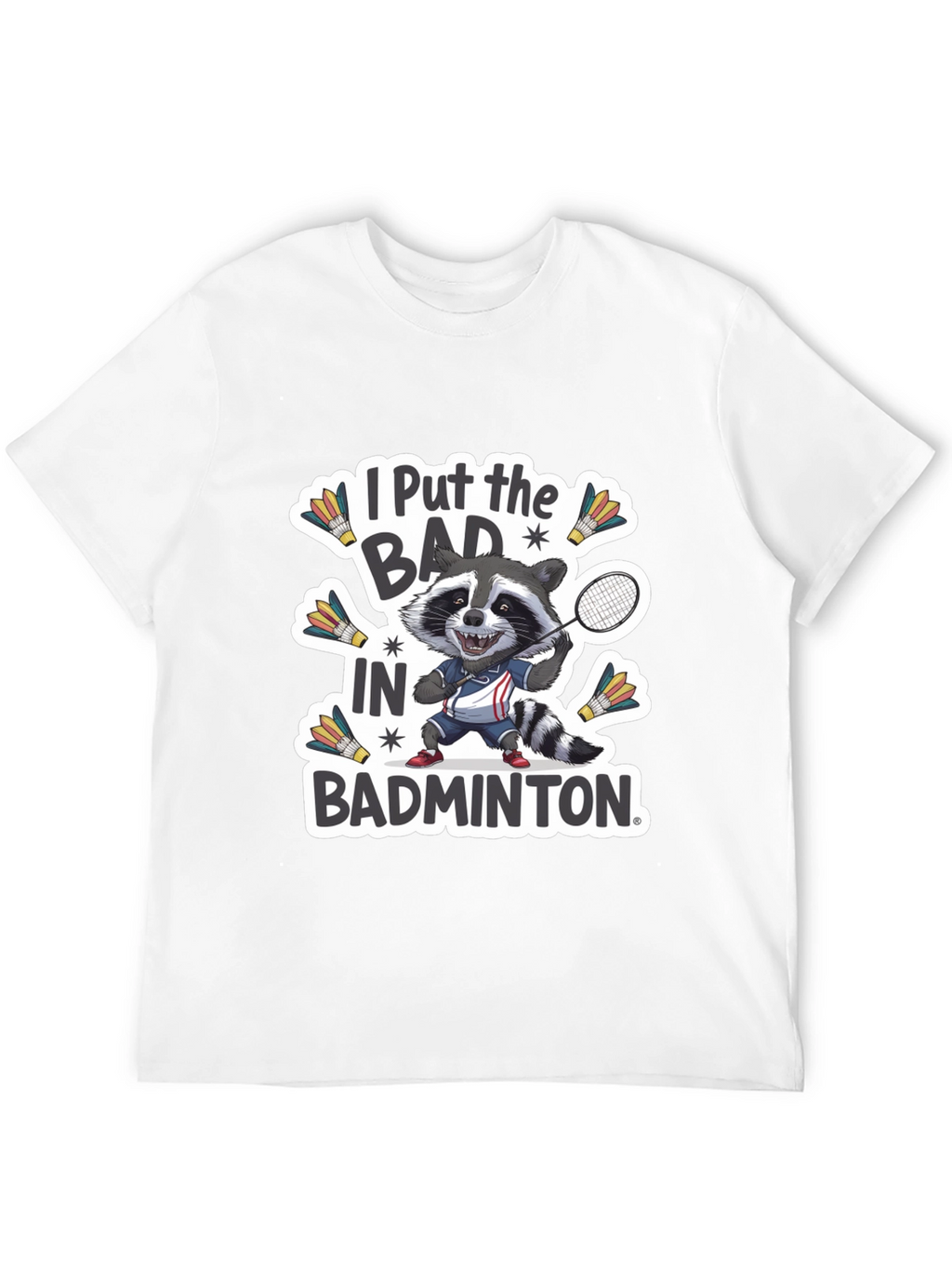 Badminton Raccoon Graphic Tee - Funny Sports T-Shirt