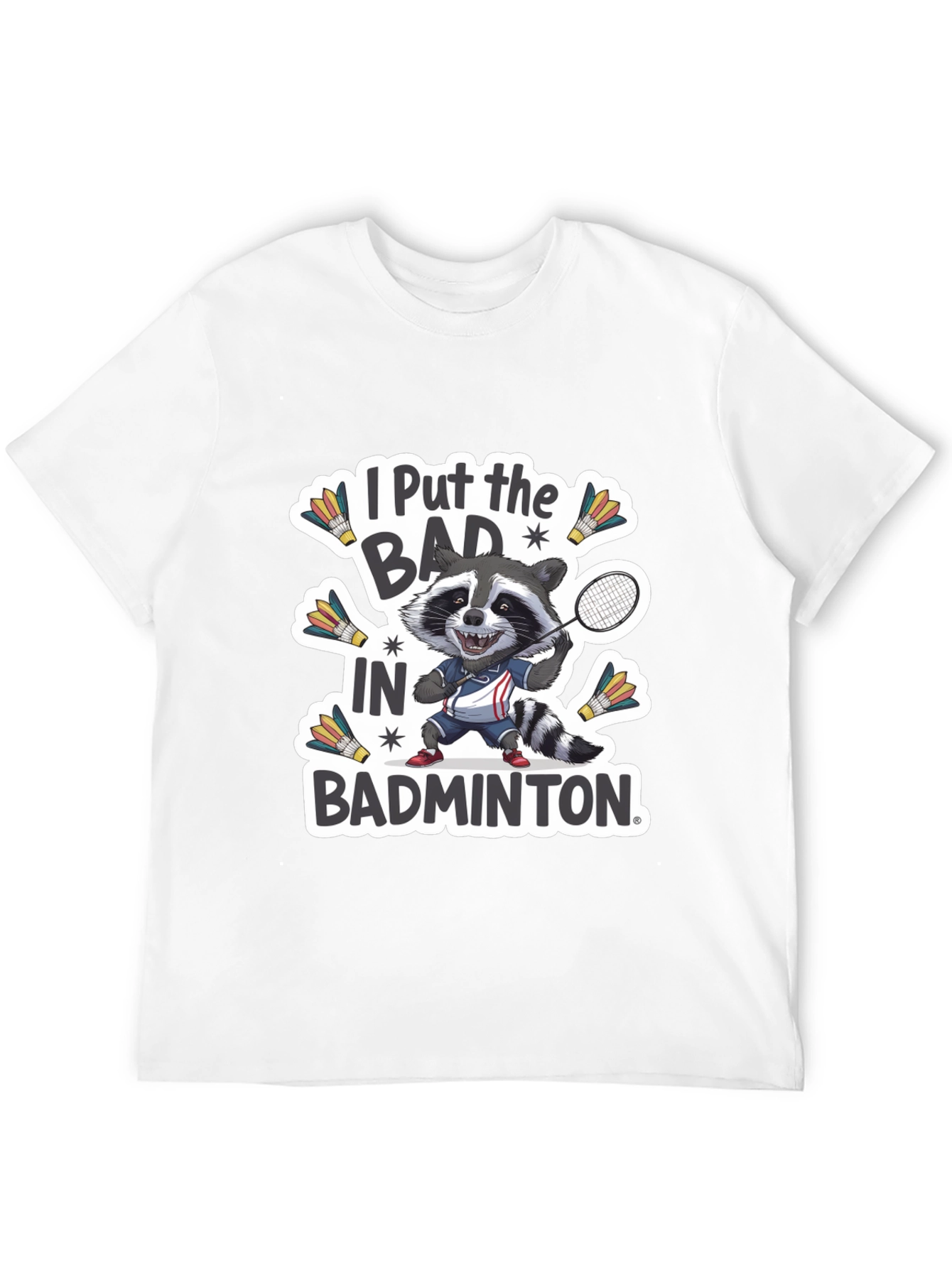 Badminton Raccoon Graphic Tee - Funny Sports T-Shirt