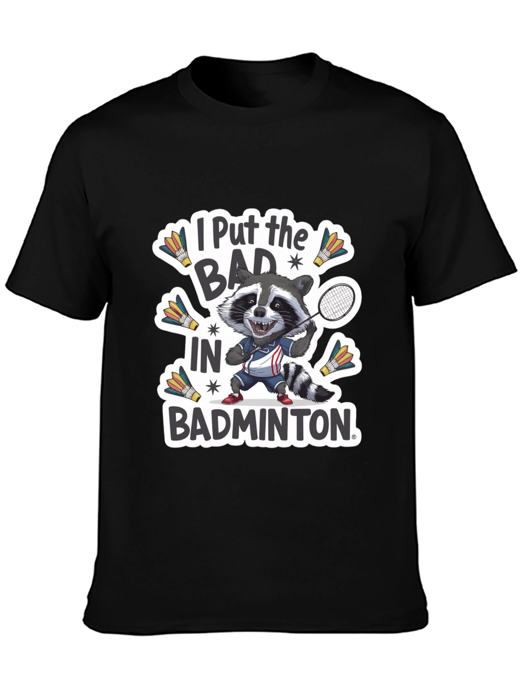 Badminton Raccoon Graphic Tee - Funny Sports T-Shirt