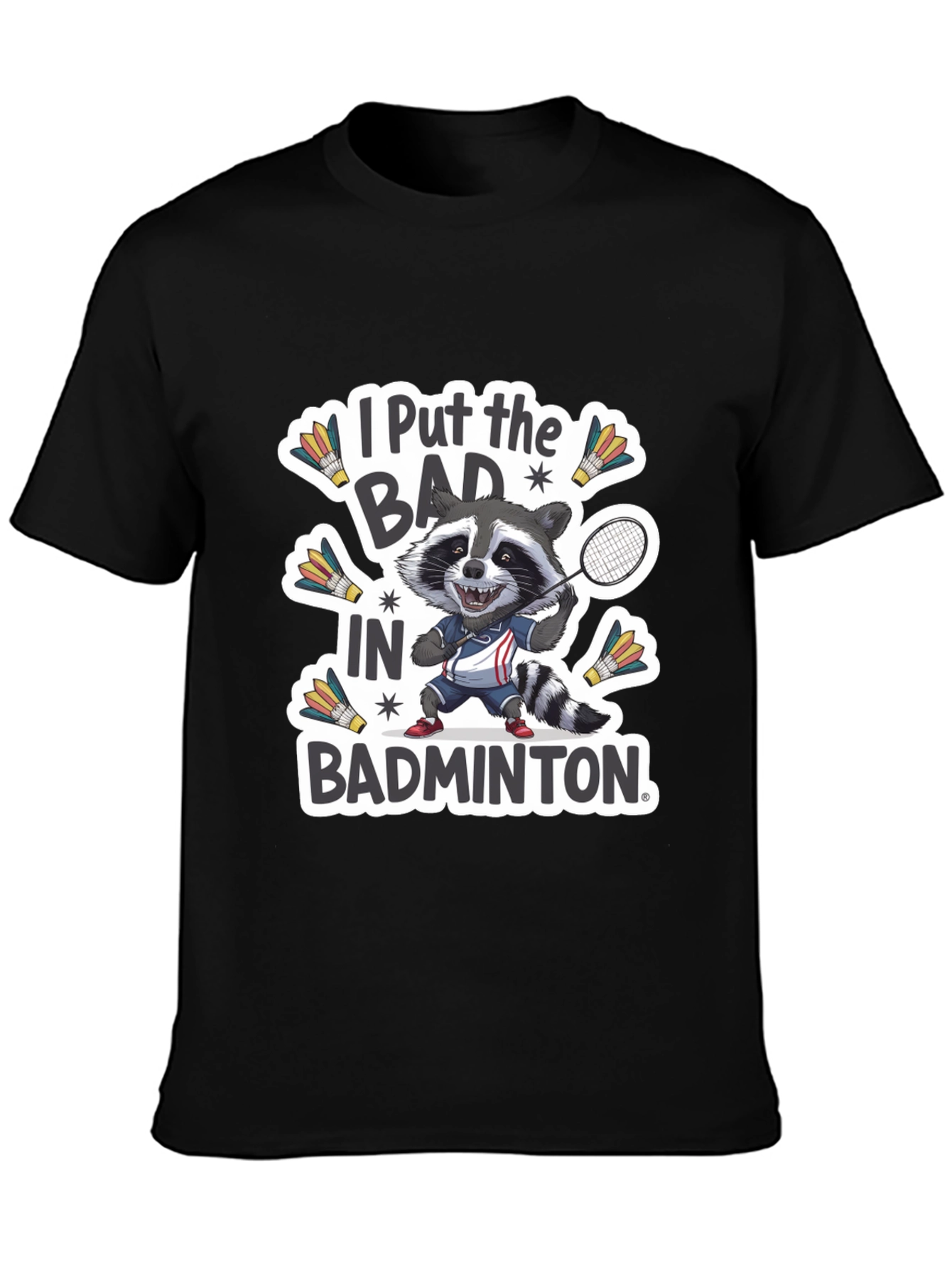 Badminton Raccoon Graphic Tee - Funny Sports T-Shirt