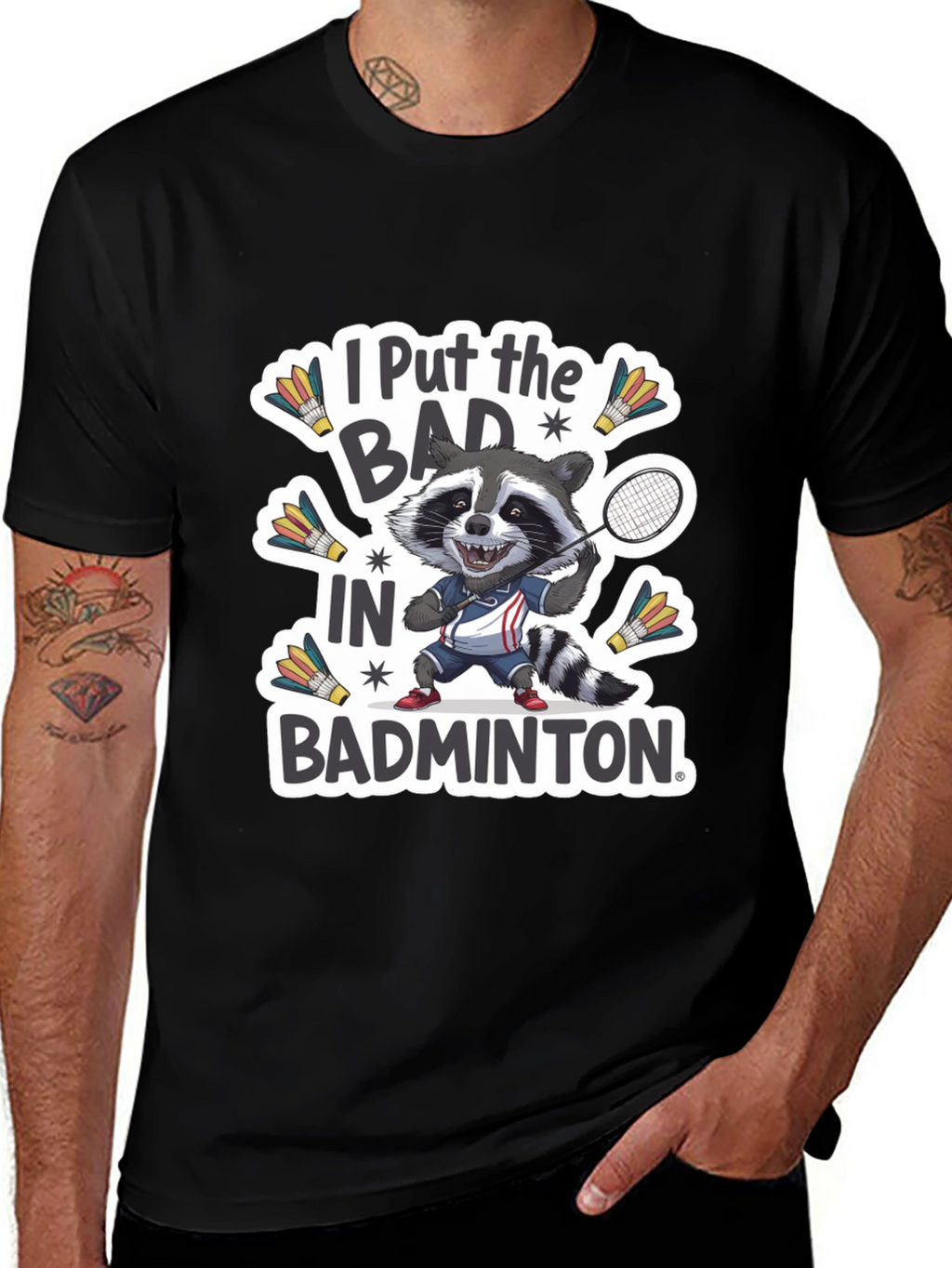 Badminton Raccoon Graphic Tee - Funny Sports T-Shirt