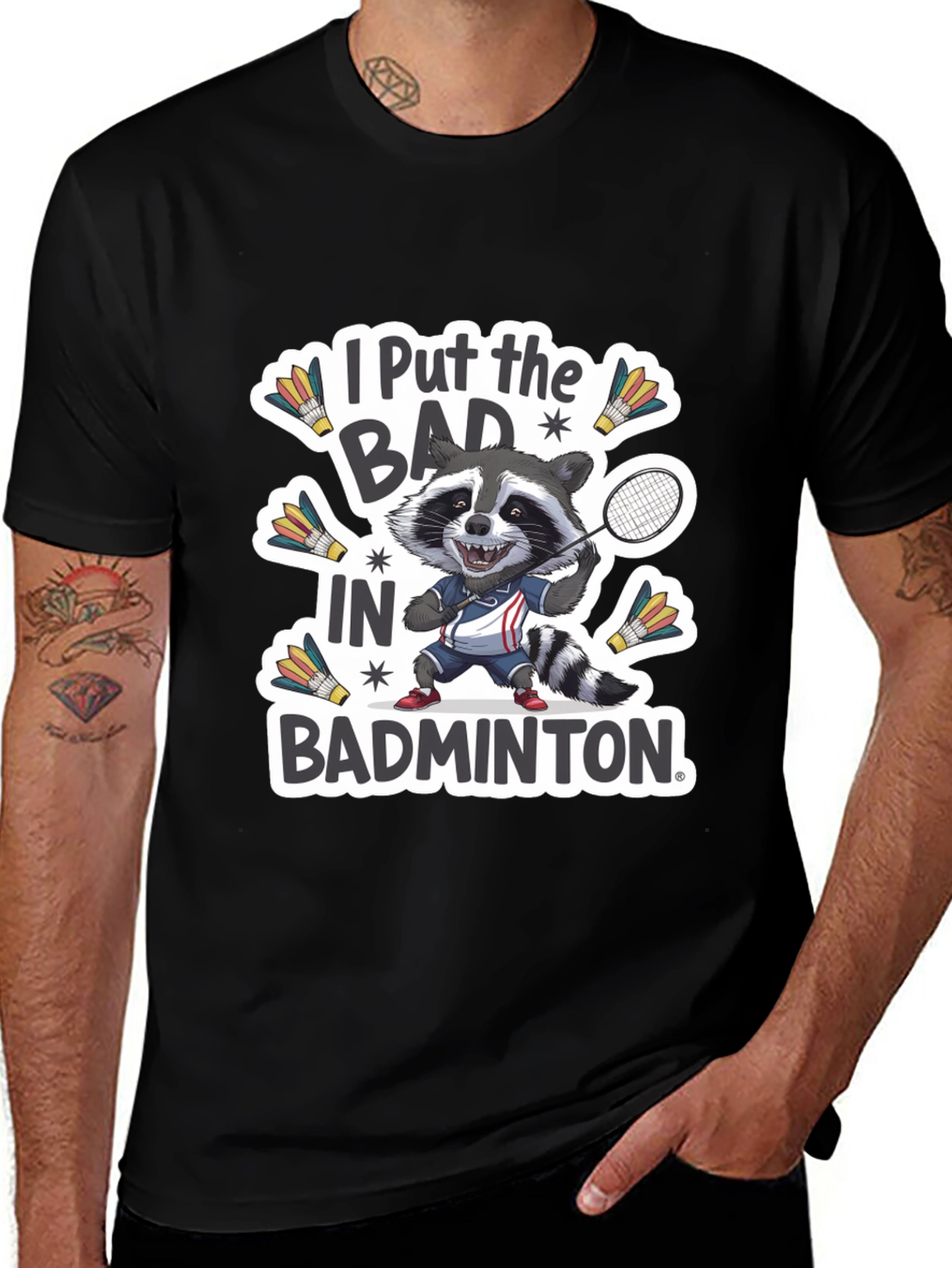 Badminton Raccoon Graphic Tee - Funny Sports T-Shirt