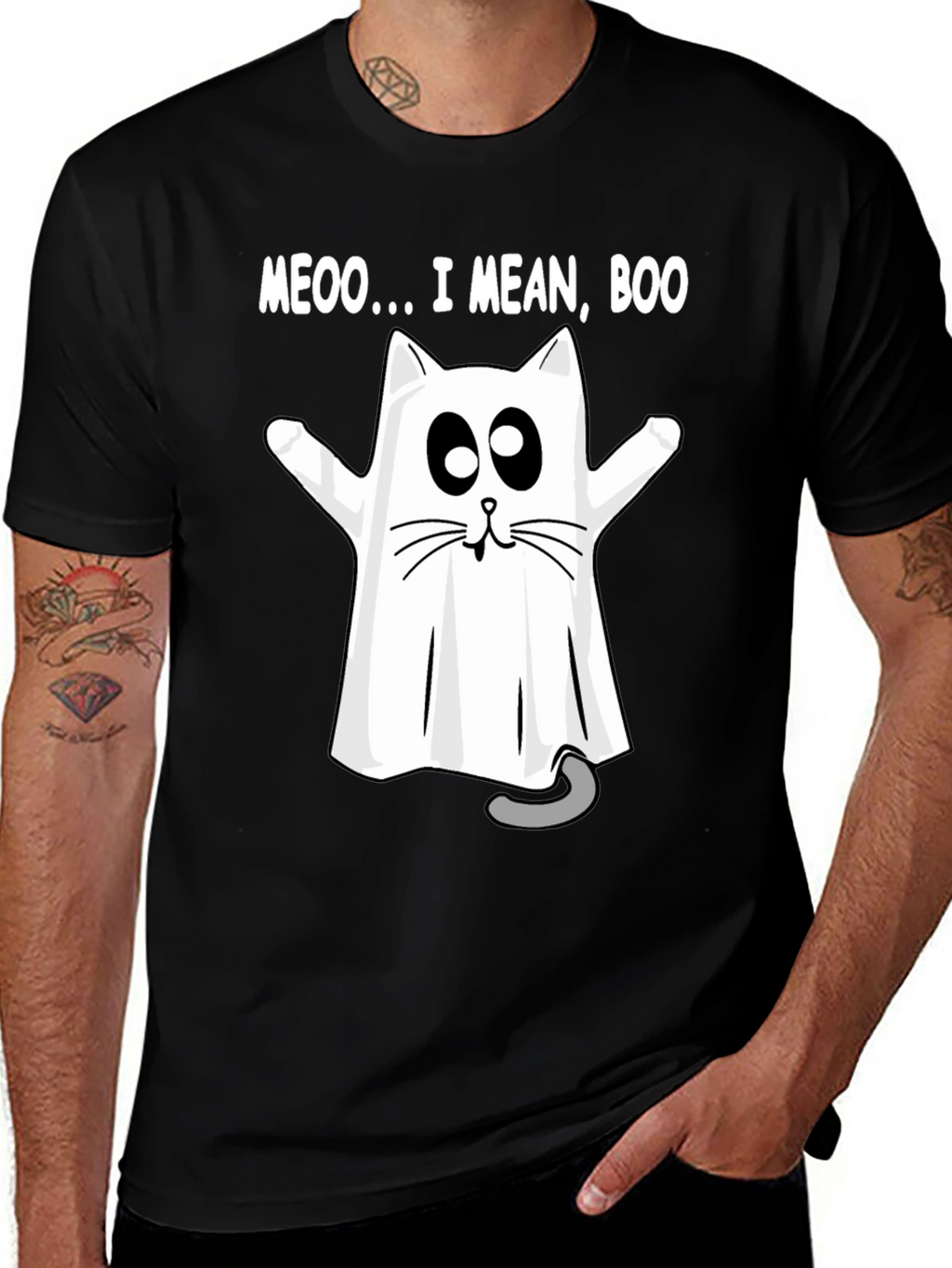 Meoo I Mean Boo Cat Ghost Halloween T-Shirt
