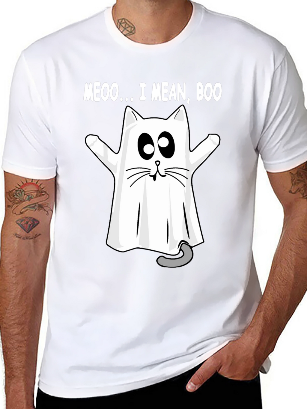 Meoo I Mean Boo Cat Ghost Halloween T-Shirt