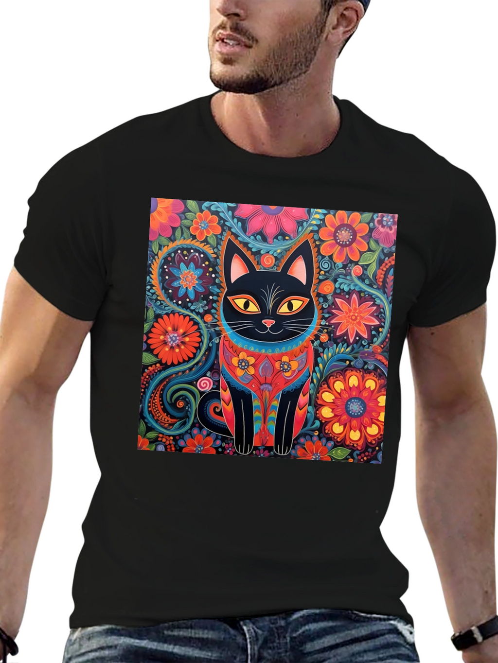 Floral Cat Graphic Tee - Unique Design T-Shirt