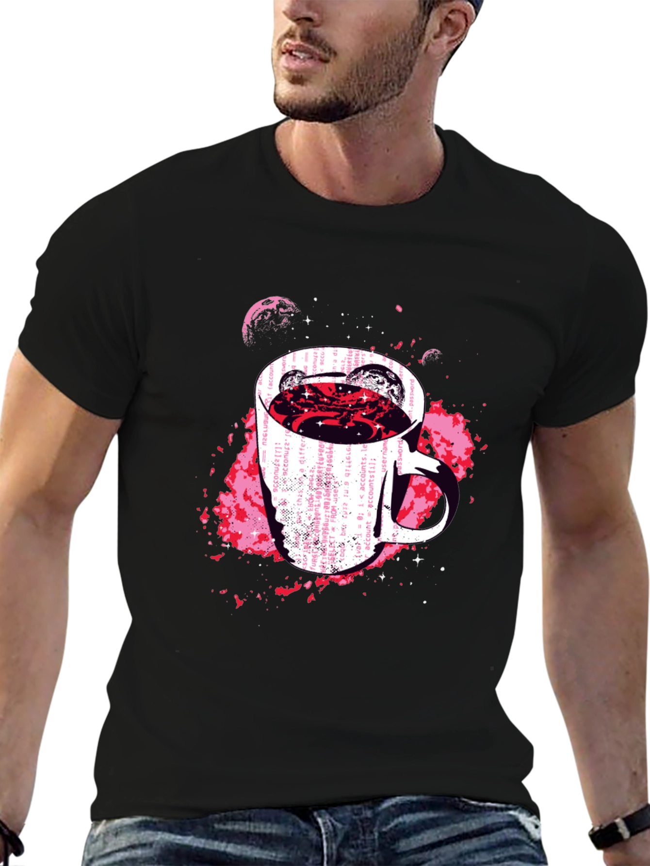 Cosmic Coffee Mug Graphic Tee - Black