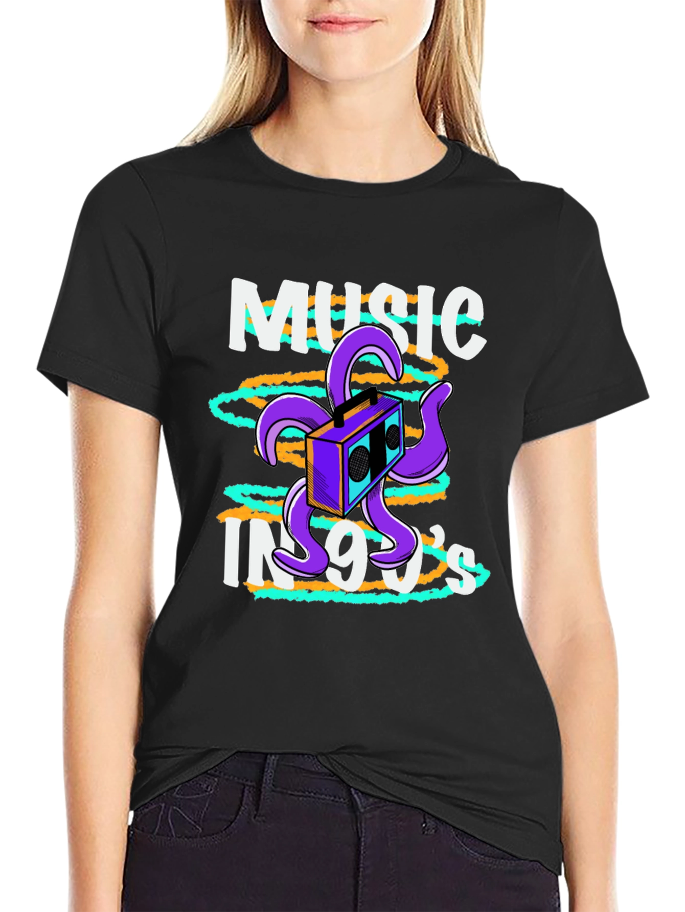 90s Music T-Shirt Retro Boombox Octopus Graphic Tee