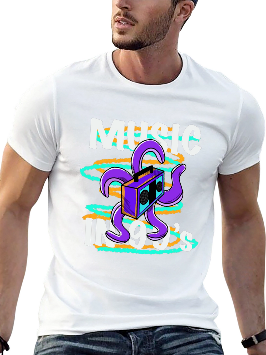 90s Music T-Shirt Retro Boombox Octopus Graphic Tee
