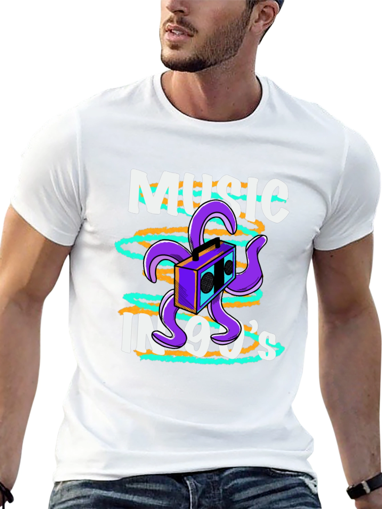 90s Music T-Shirt Retro Boombox Octopus Graphic Tee