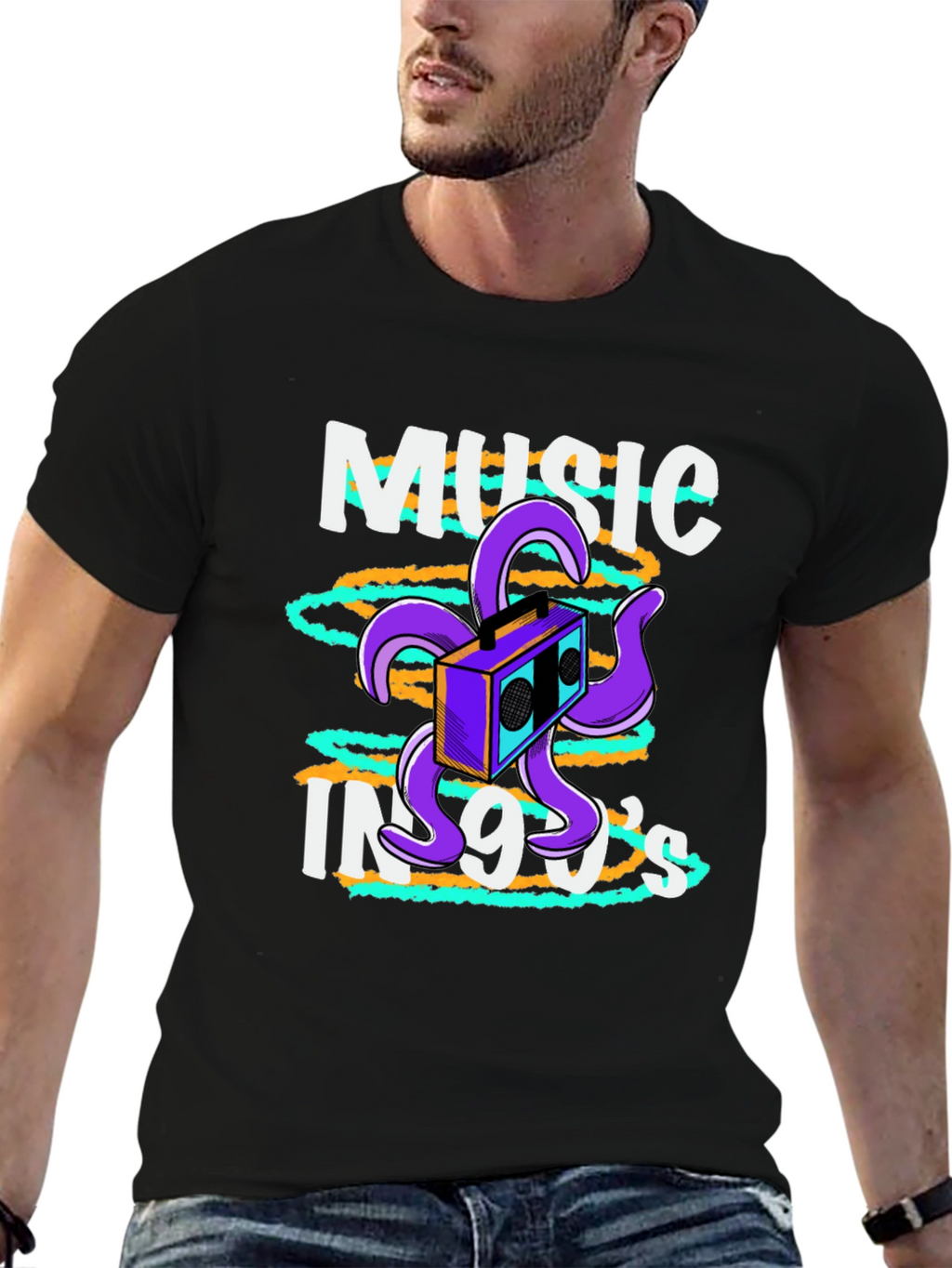 90s Music T-Shirt Retro Boombox Octopus Graphic Tee