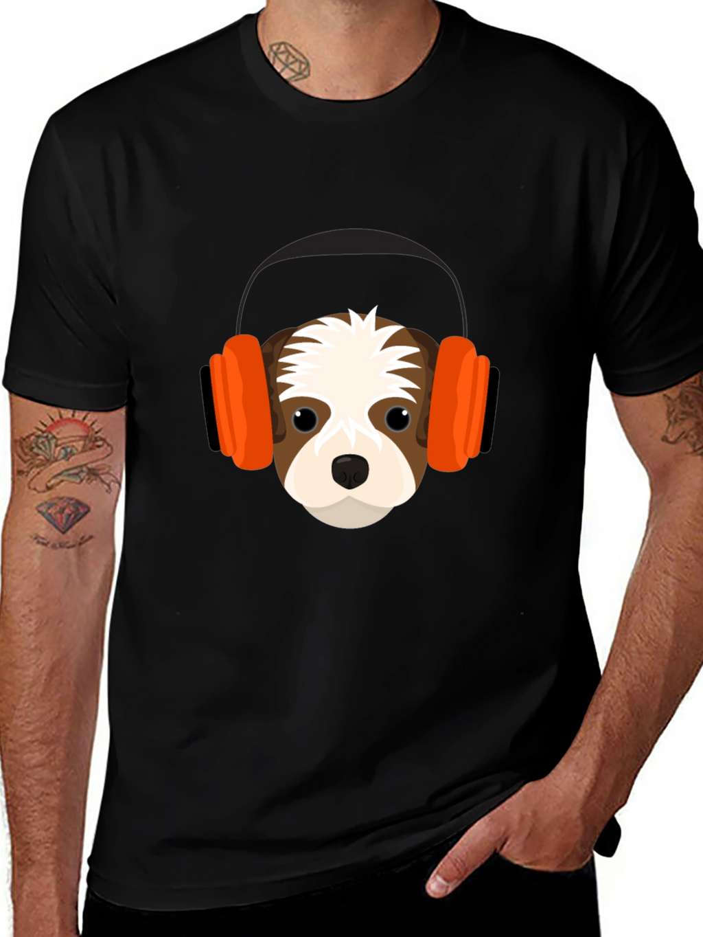 Dog with Headphones Graphic Tee - Black T-Shirt