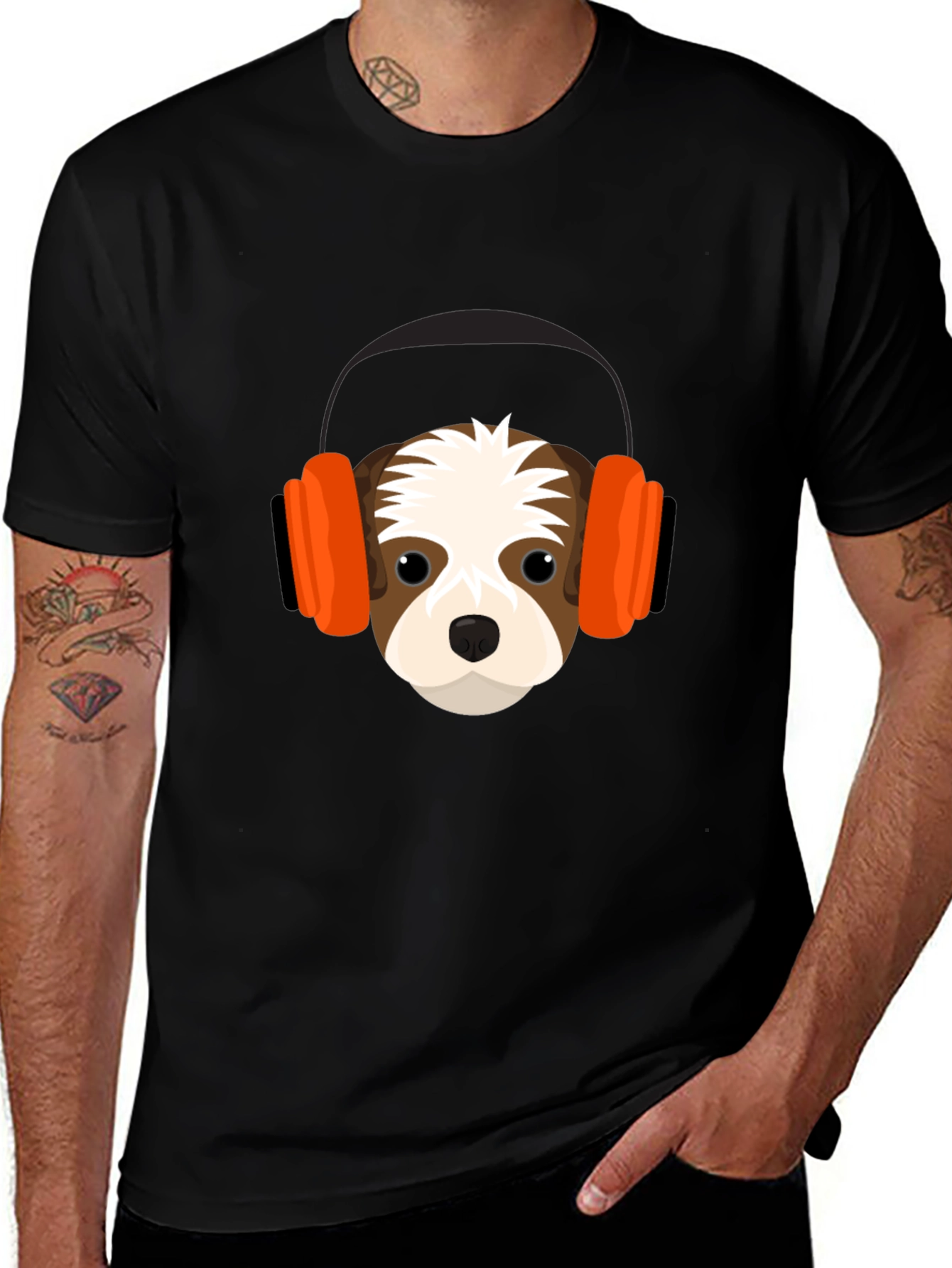 Dog with Headphones Graphic Tee - Black T-Shirt