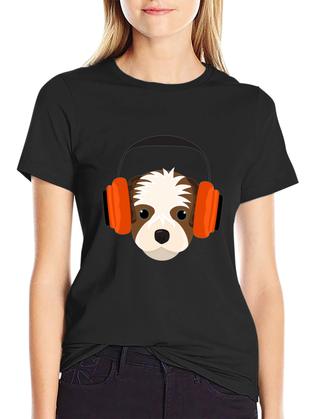 Dog with Headphones Graphic Tee - Black T-Shirt