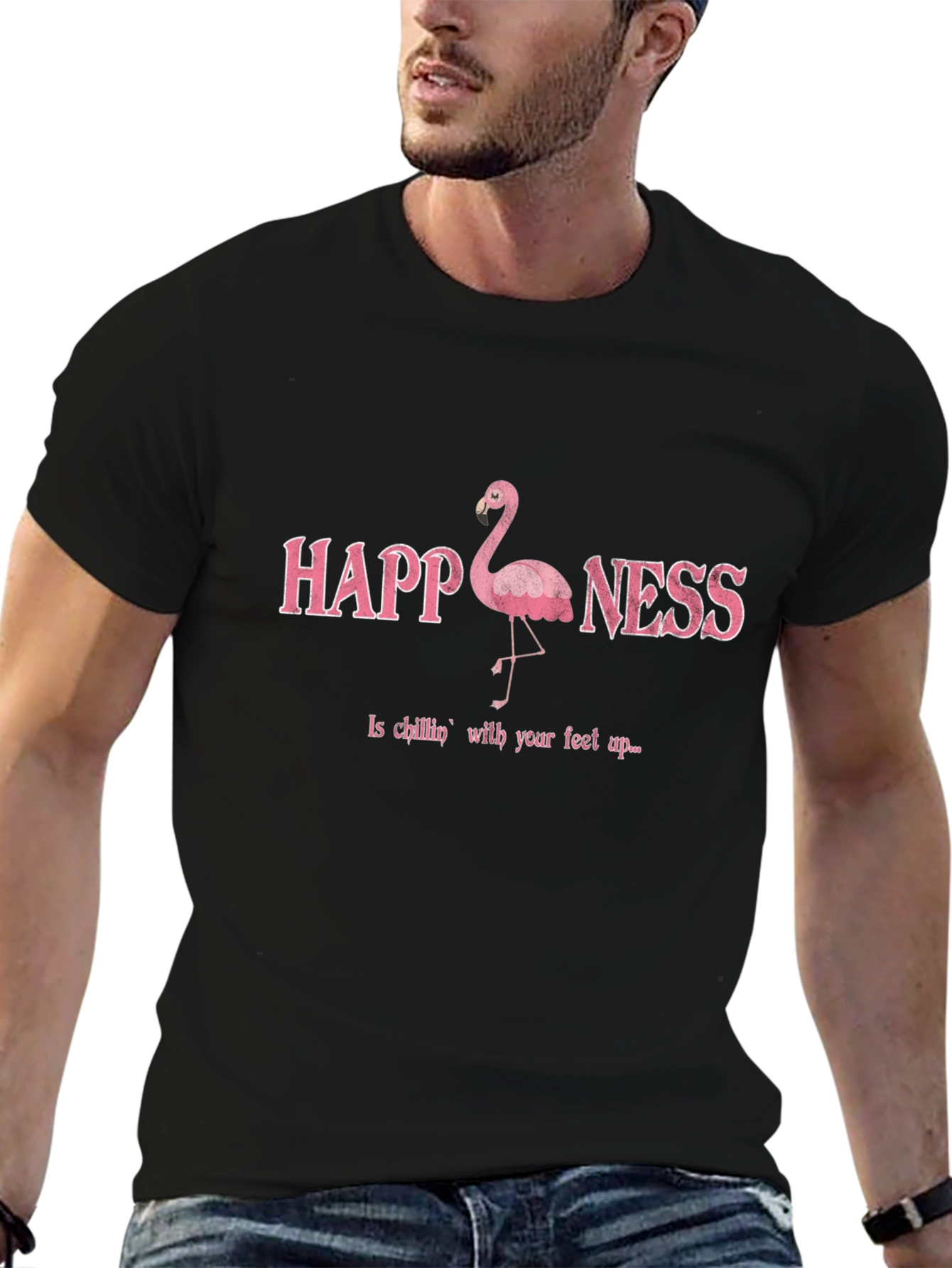 Happiness Flamingo Graphic Black T-Shirt