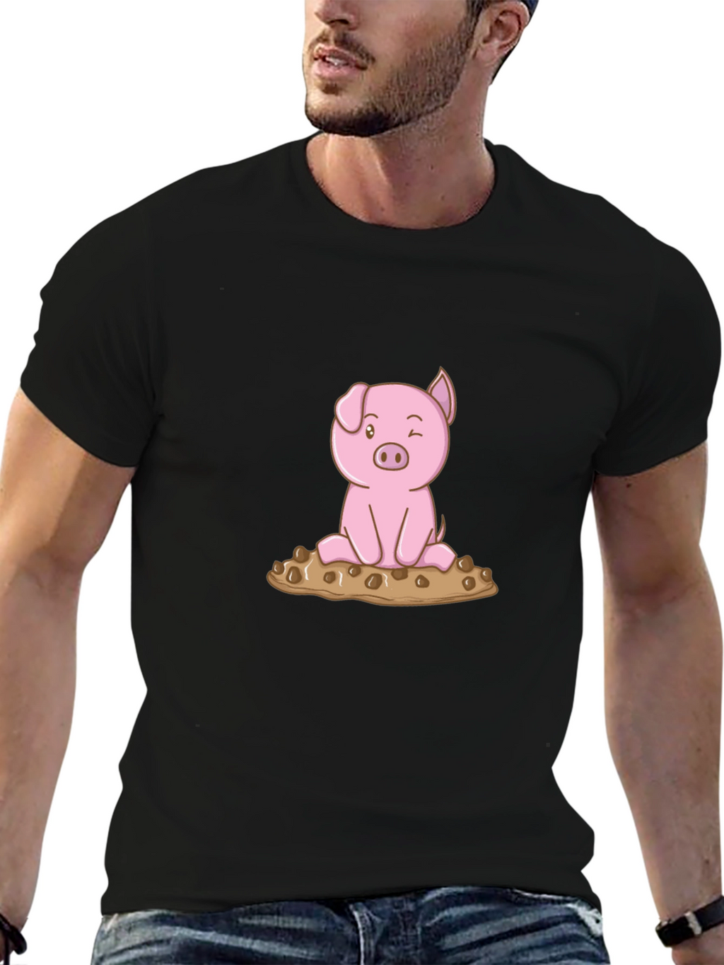 Cute Pig Graphic Tee - Black Cotton T-Shirt