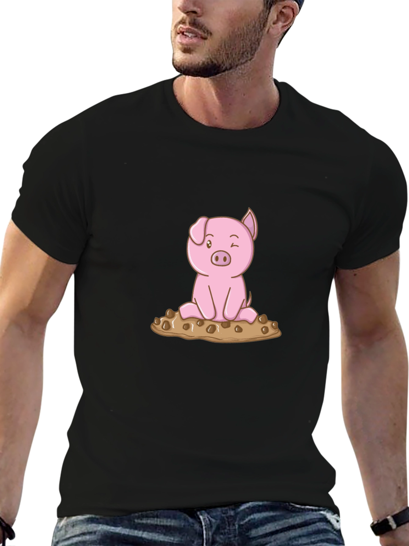 Cute Pig Graphic Tee - Black Cotton T-Shirt