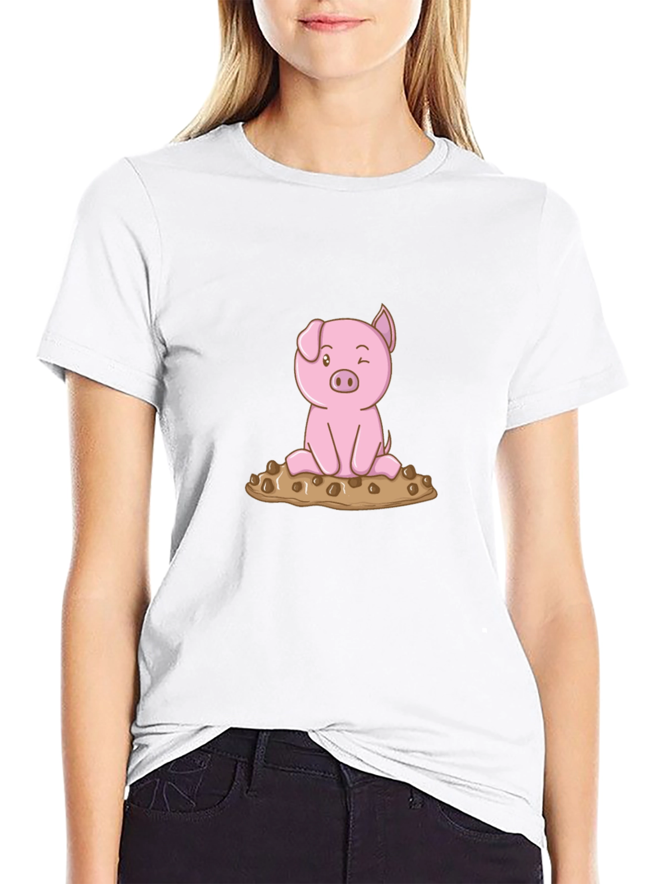 Cute Pig Graphic Tee - Black Cotton T-Shirt