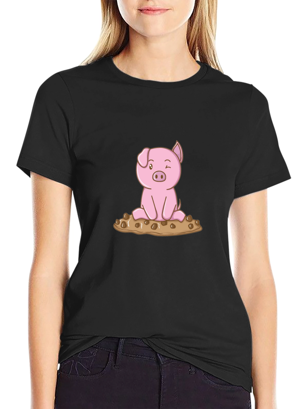Cute Pig Graphic Tee - Black Cotton T-Shirt