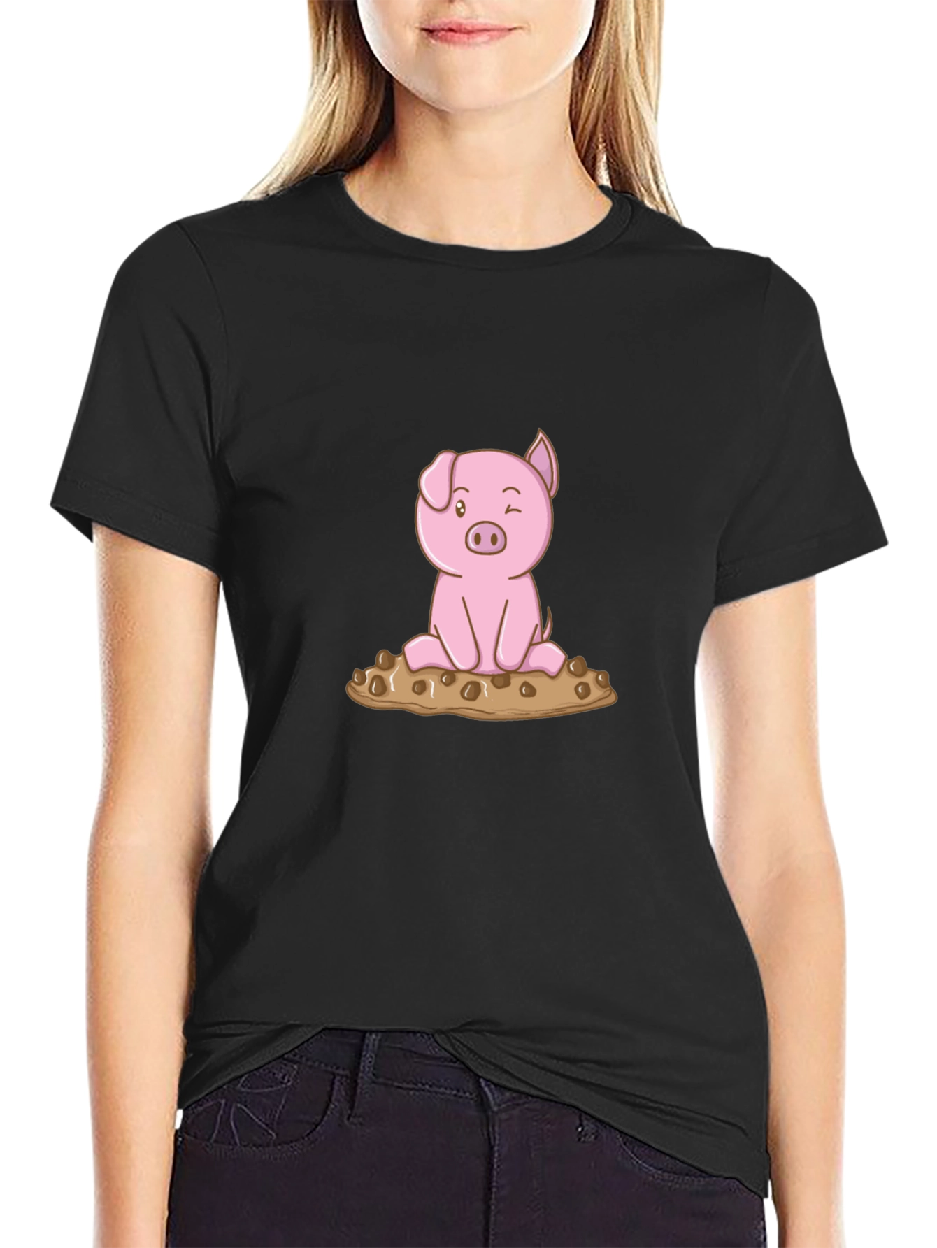 Cute Pig Graphic Tee - Black Cotton T-Shirt
